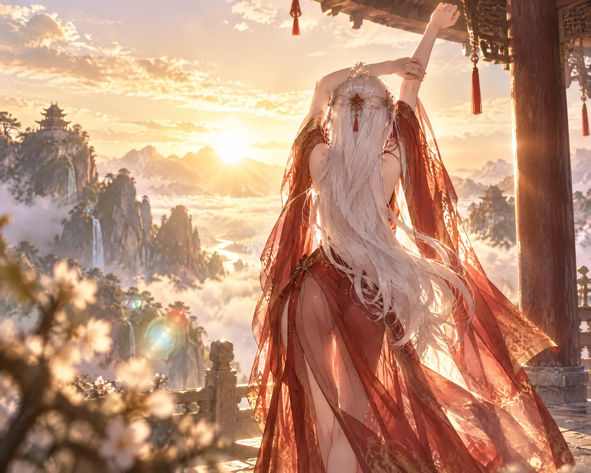 中式修仙世界,山顶,角色在亭子前，清晨黄金时刻，逆光拍摄，背向镜头，少女伸懒腰的剪影，轮廓清晰，天际线被晨光照亮，光线透