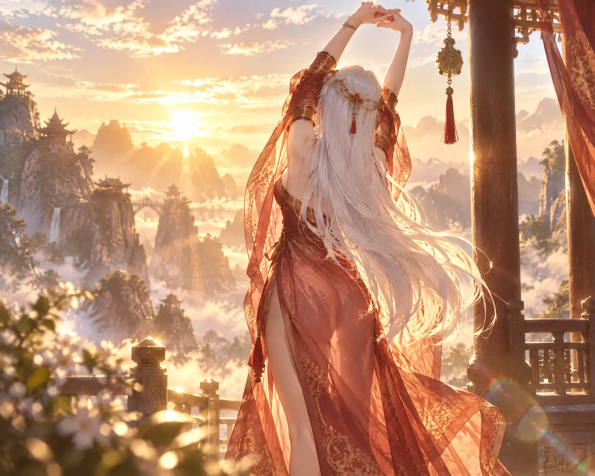 中式修仙世界,山顶,角色在亭子前，清晨黄金时刻，逆光拍摄，背向镜头，少女伸懒腰的剪影，轮廓清晰，天际线被晨光照亮，光线透