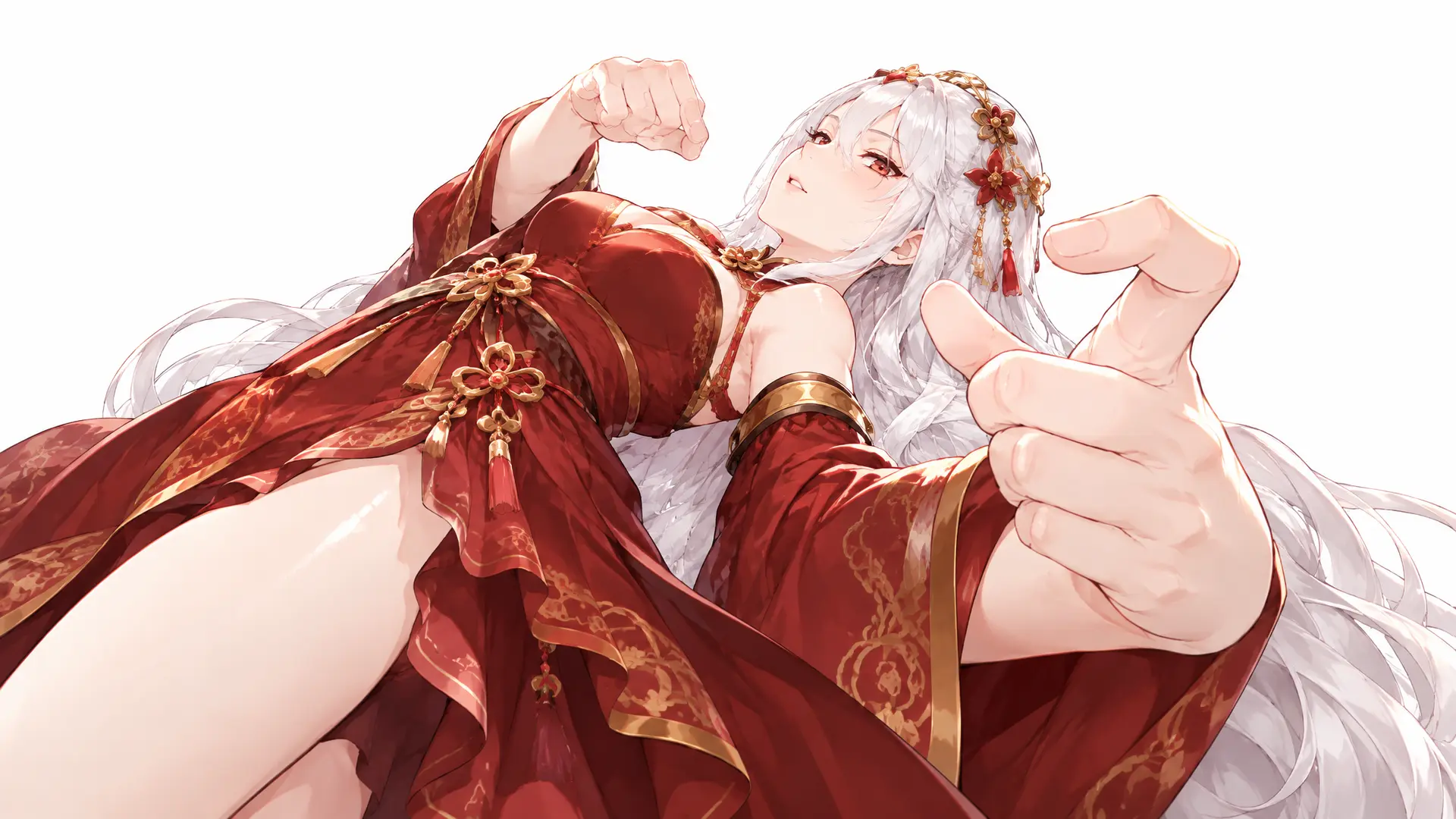 参考图1线稿的构图与动作，生成一张精美的空白背景的图2角色动作帧