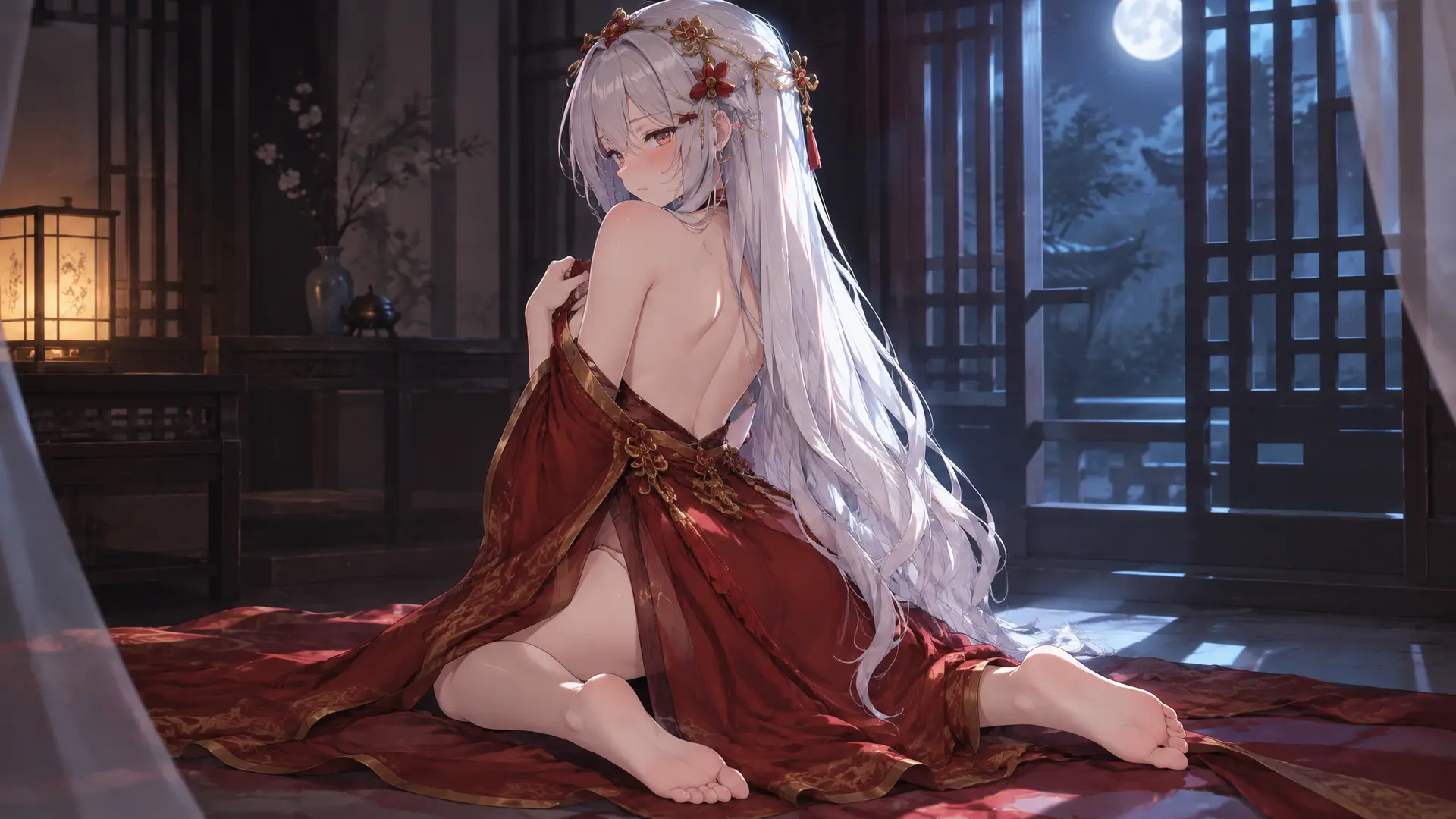 根据图片角色设定生成，画风融合香草社。根据图片设定生成。
单人全身构图，完整呈现人物整体姿态。角色背对着镜头，外袍轻轻滑