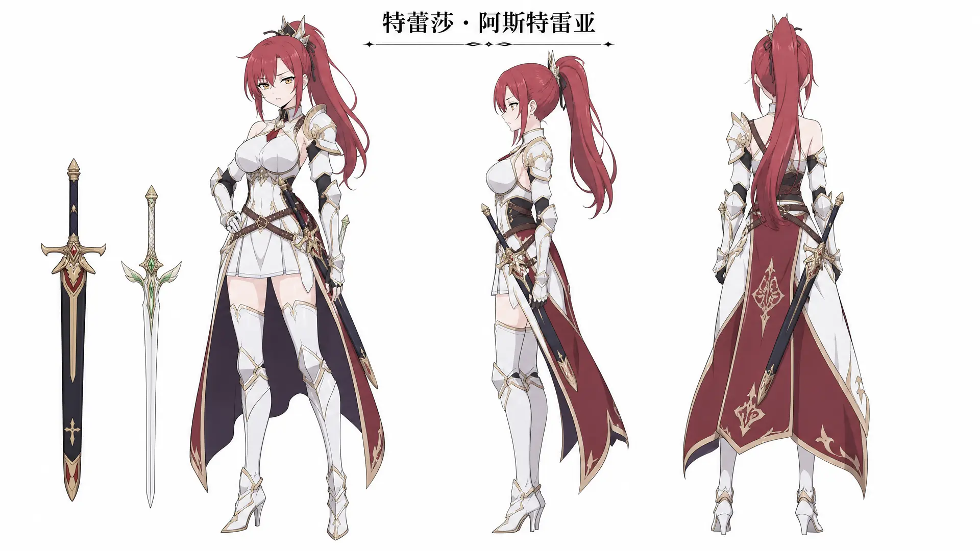 用“从零开始的异世界生活”画风生成一个红发黄瞳，身上一把骑士剑一把精灵剑的单马尾女骑士三视图立绘，身材是少女体型婀娜多姿