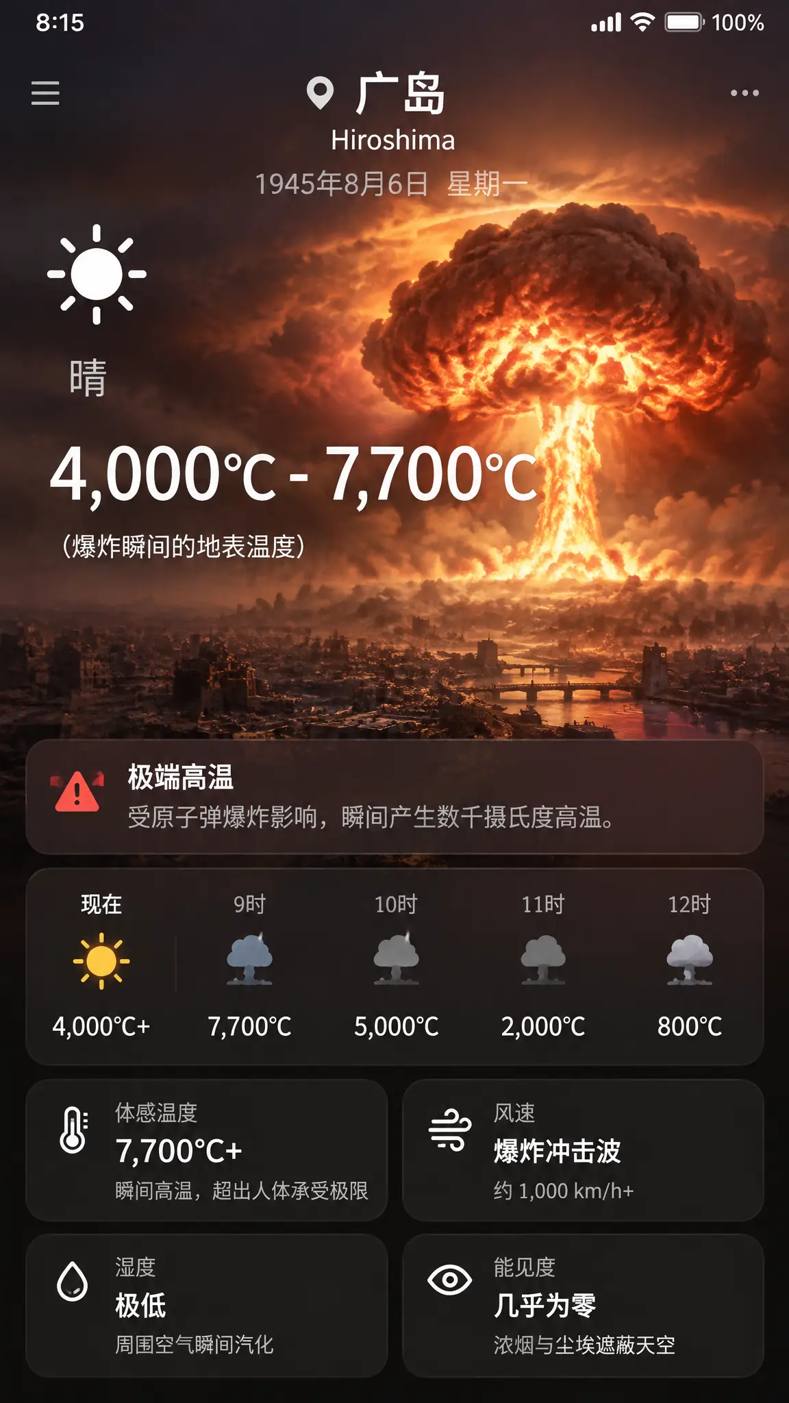 作图 手机上的天气预报界面，地点是1945年8月6日核弹爆炸的广岛（4,000°C-7,700°C）