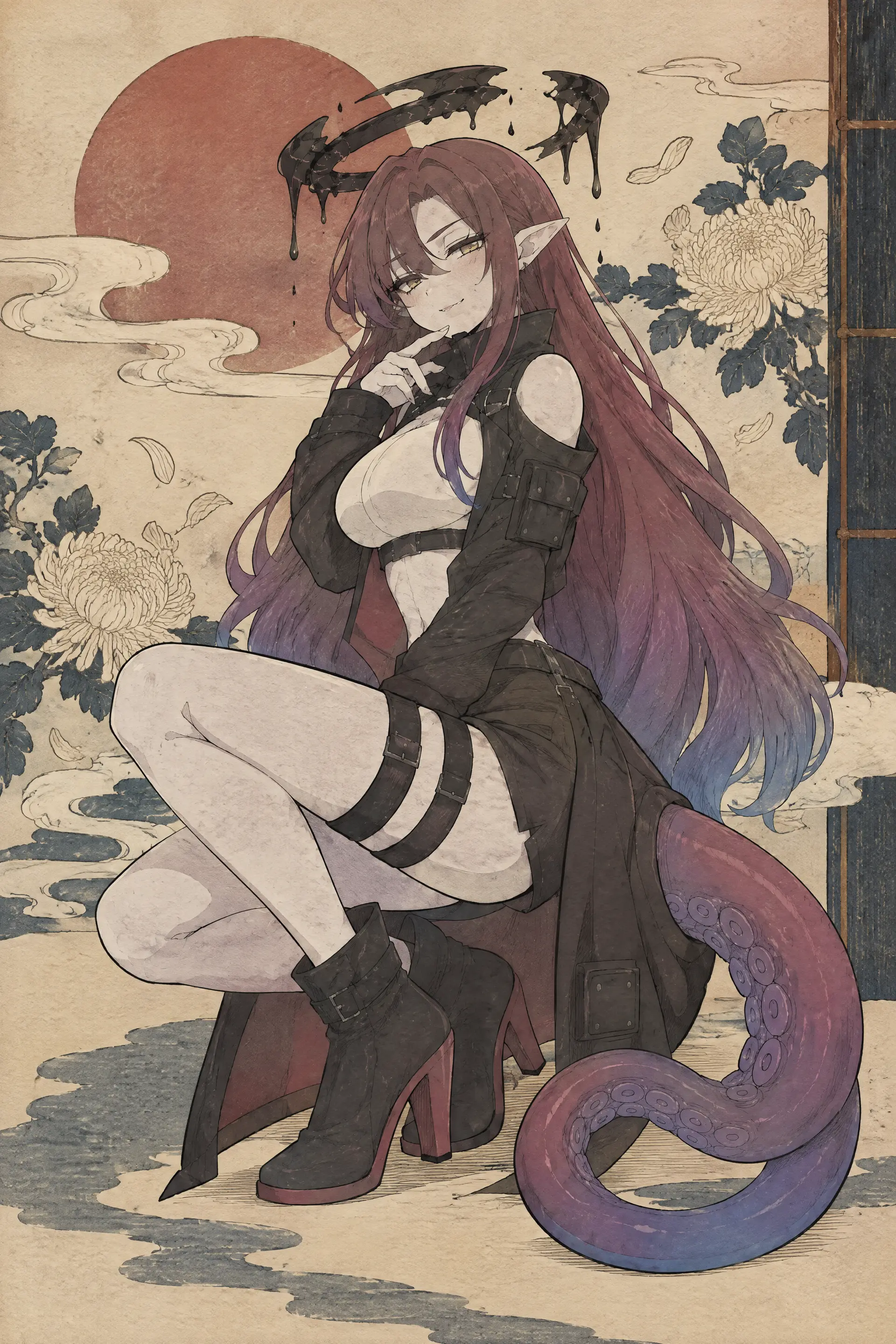 修改图一画风，再严格参考图二御姐造型的基础上，使其画风更像图三。同时增加简约的浮世绘风格背景。让整体画风更接近图三。没有
