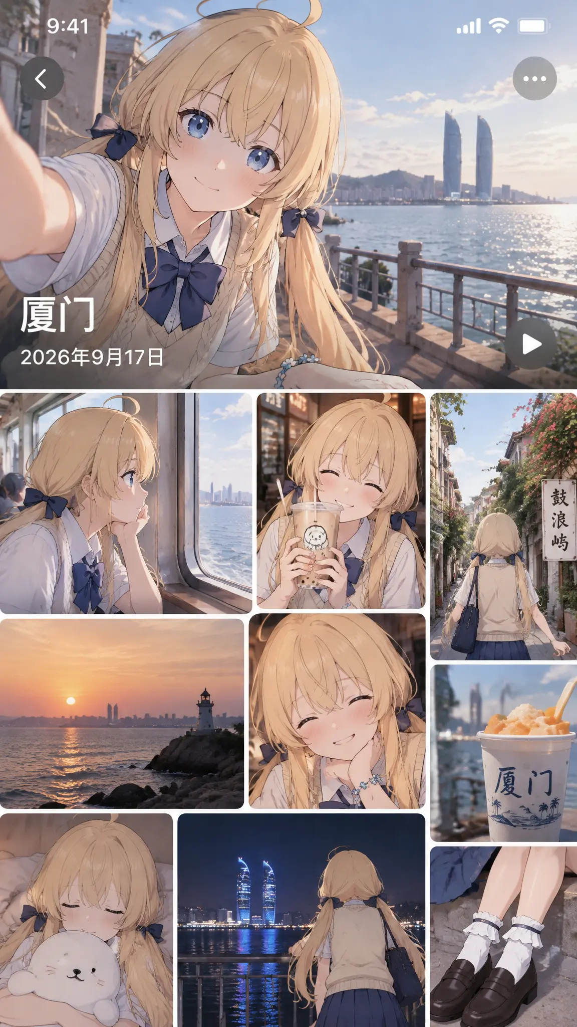 地点：厦门
日期：2026年9月17日  

使用上传的图像作为唯一的角色参考。  

创建一张9:16竖版图像，看起来