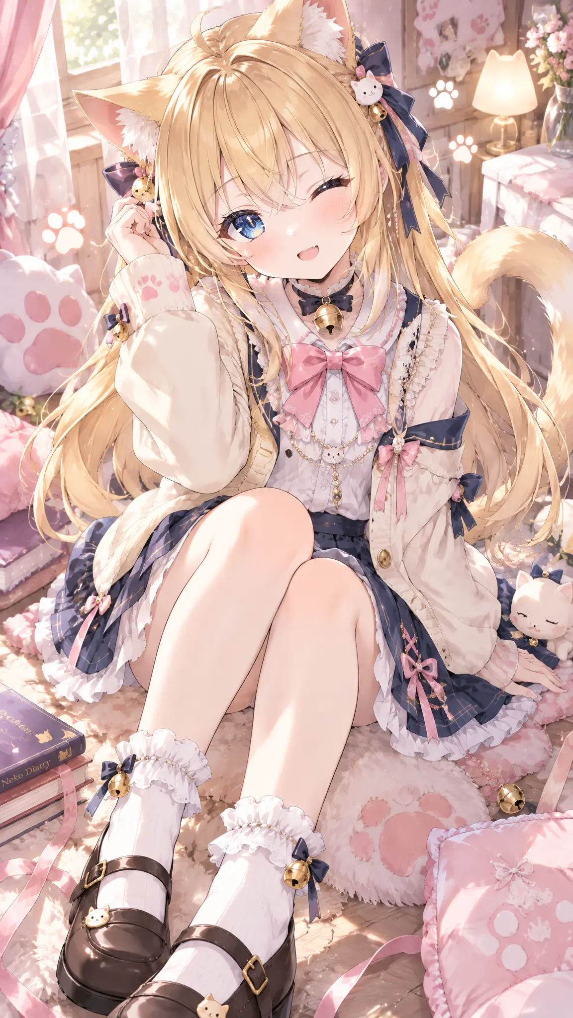 将参考图角色改为萌系猫娘少女角色，俏皮微笑与轻微害羞的媚态气质，画面为竖版半身到膝上的角色特写构图，视觉焦点自然落在精致