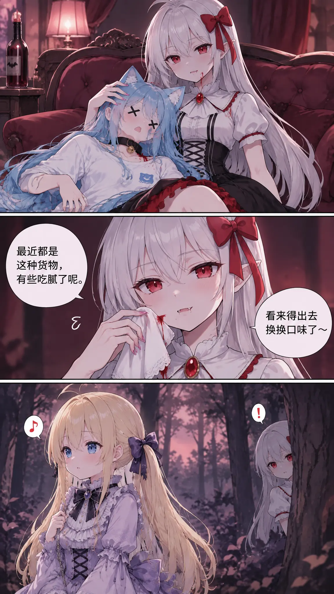 竖版插画，三格上下分镜漫画，日系二次元画风，精致厚涂质感，全彩。带有极度优雅与极度荒诞交织的黑色幽默氛围。

【整体构图
