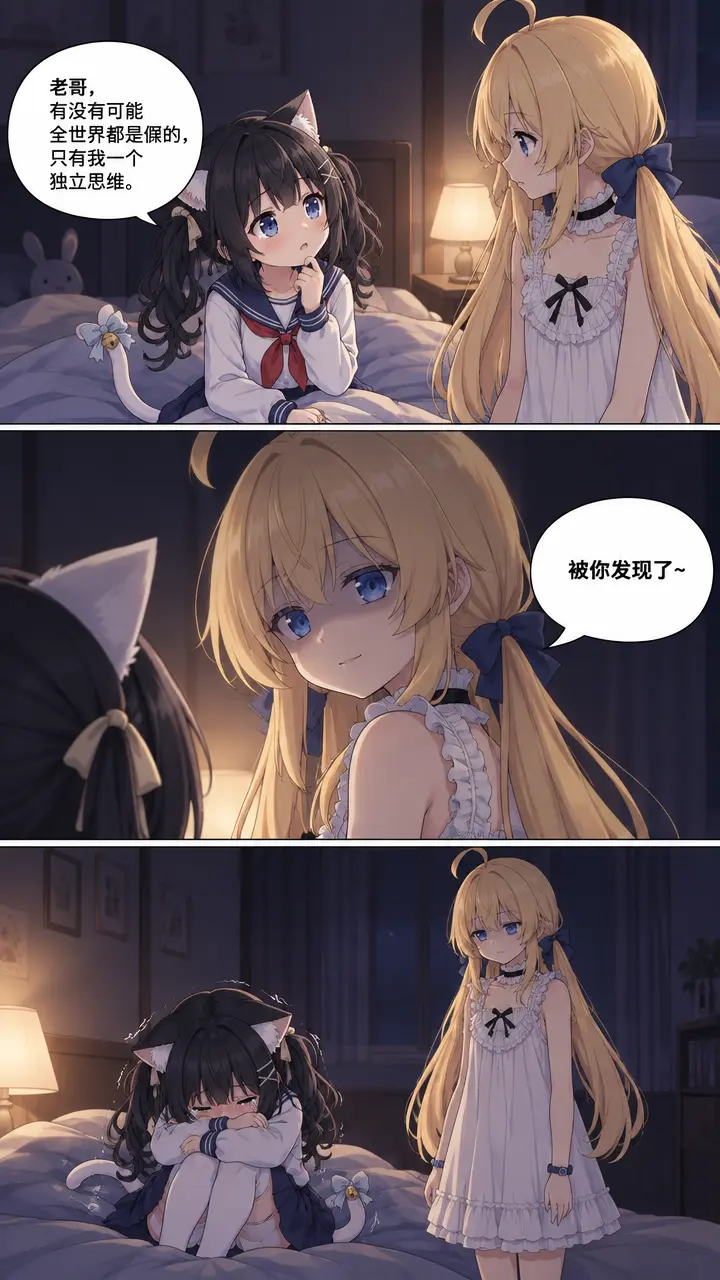 根据参考图角色生成漫画，图1是姐姐，图2是小女孩（比参考图年幼一点）
三格竖排叙事漫画，日式番剧赛璐璐分镜，连贯故事，深