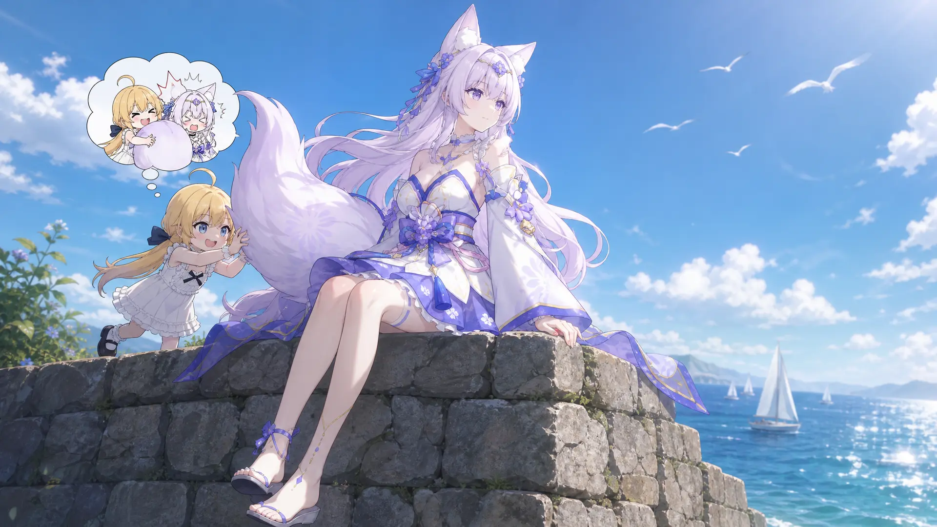 视角：斜侧方的轻微仰视。镜头位于石墙下方，向上拍。
动作与姿态：
圖1角色：
· 她侧坐在石墙上，双腿自然垂下，脚尖微微