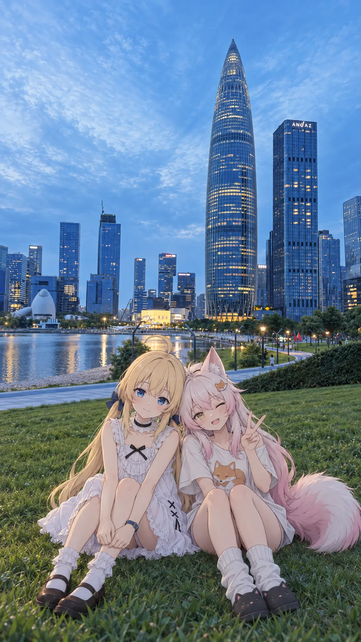 照片合成，图1现实场景作为完整背景，保持实景照片的真实材质、空间透视、景深、环境纹理与自然氛围；将图2和图3二次元动漫角