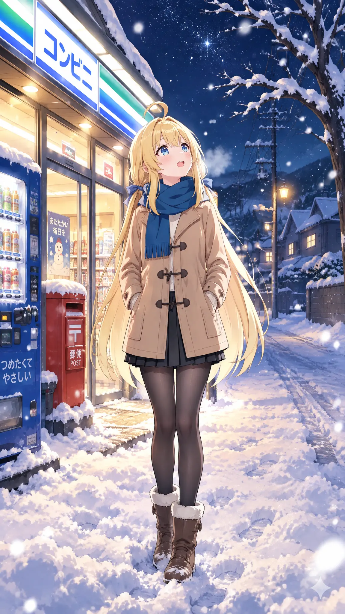 竖版，日式二次元厚涂插画，平视镜头，冬夜日式街边便利店，地面铺满厚厚的积雪，雪花缓缓飘落。便利店门店透出温暖室内黄光，门