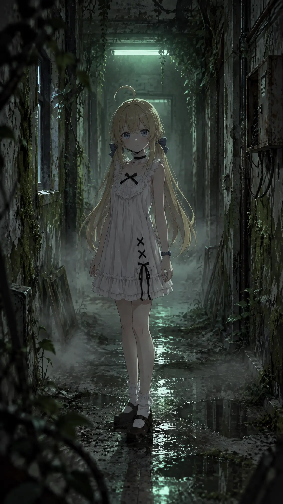 竖版，日式二次元厚涂插画，平视镜头，废弃潮湿混凝土长廊，一点透视纵深。墙面长满厚重青苔与野生藤蔓，墙皮剥落，裸露电线，老