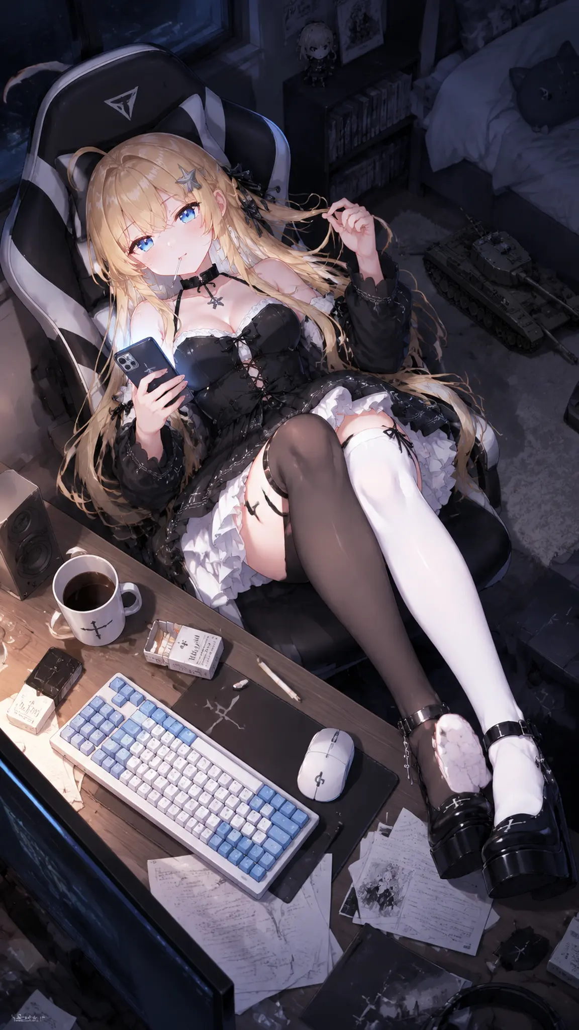 杰作，最高画质，动漫插画，高角度俯视鸟瞰镜头，画幅1:1正方形，
少女，使用参考图角色，向后仰躺，整个人倚靠在电竞椅上，