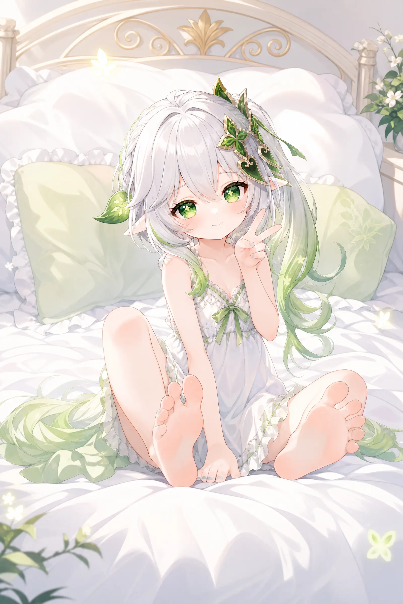 让图二女生模仿图一女生的姿势并露出可爱的微笑，背景选择适合图二少女风格的大床上（床占整张图的80%），图二女生的穿衣打扮