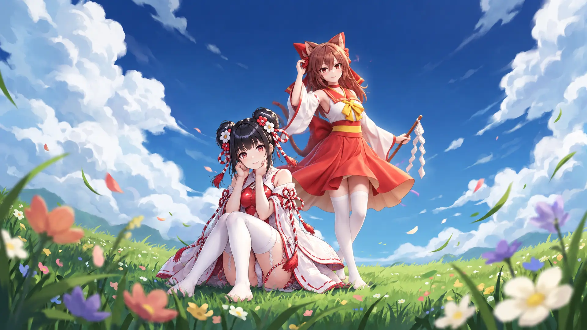 图一角色分别改为图二图三，严格保留图二图三衣着形象。画风、背景、姿势保留