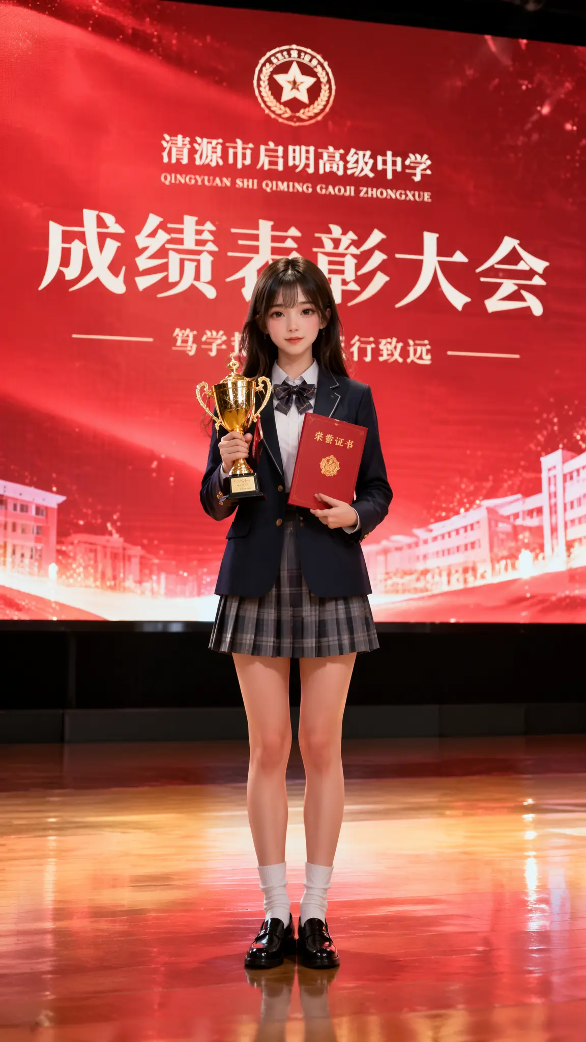 成绩表彰大会上，女学生接受表彰
-风格：二次元CG带一点厚涂风格，4K超清晰，高细节，宣传特写
-场景：高中成绩表彰大会