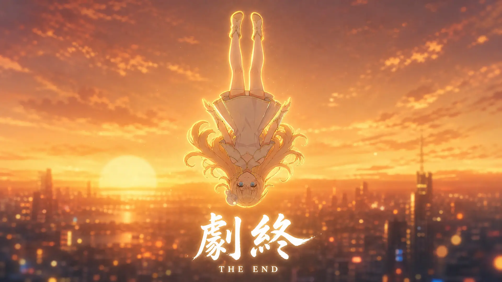 {
"构图与排版": {
"构图形式": "对称构图，画面纵向分层，上半部分为黄昏天际背景，画面中心悬浮倒置人物轮廓，下