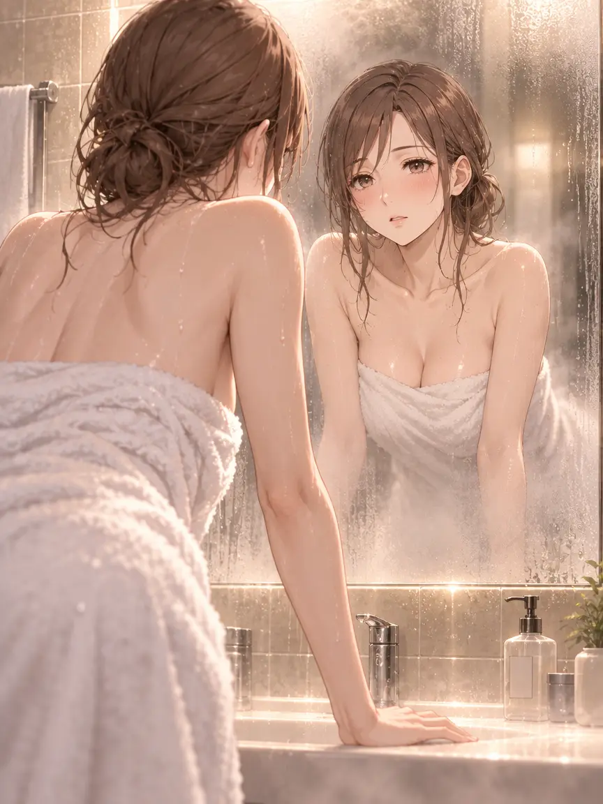 **[主体/角色]**
一位40岁的日本女性，名叫Kasumi，对参考图具有高度角色还原度。她有着湿润凌乱的浅棕色头发，