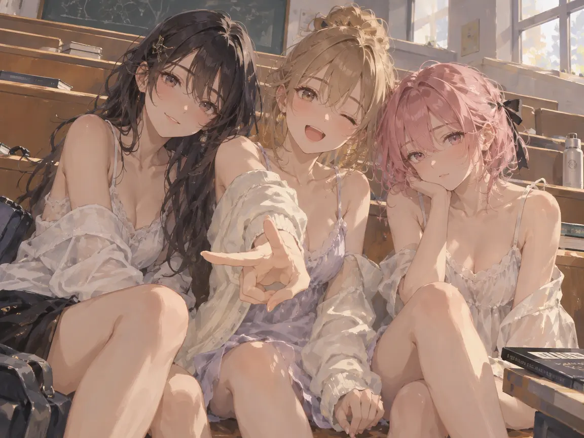 create an anime style 2D illustration. 3 different female ch