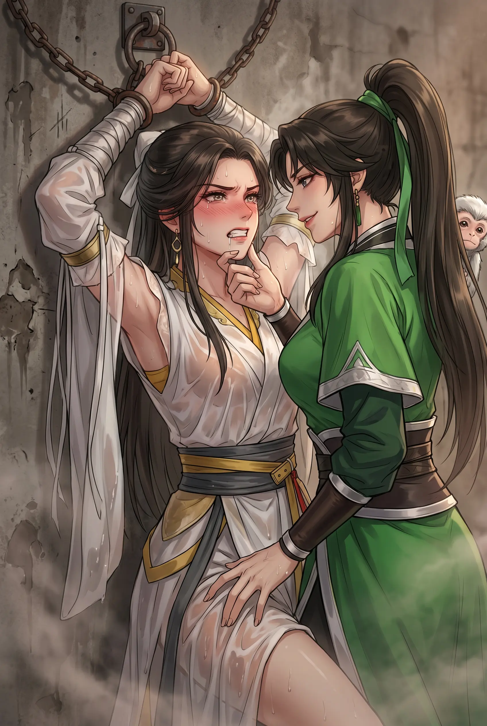 生成一幅充满叙事张力的精美插画，使用例图中的角色。
画面构图如下：
图一角色背靠一面墙，双手手腕交叉在头顶并被一根铁链捆