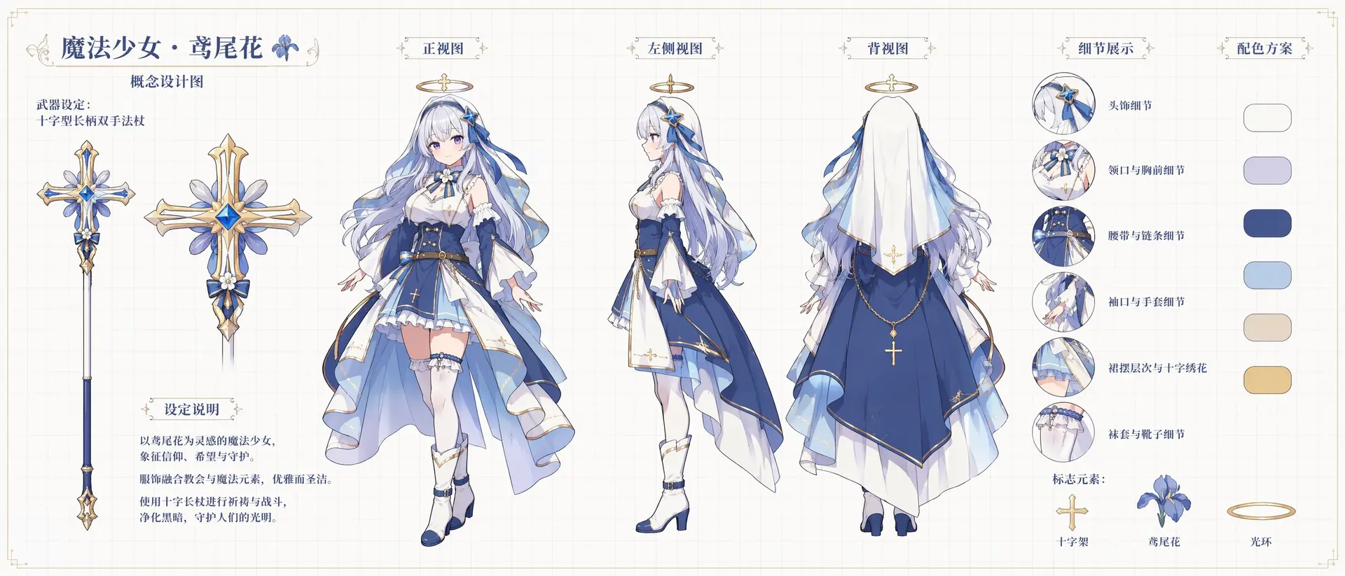 整体布局为概念设计图纸——魔法少女 · 鳶尾花,概念设计图背景是浅色网格纸。配色以图一和图二为准Three-view character turnaround sheet: front view, l