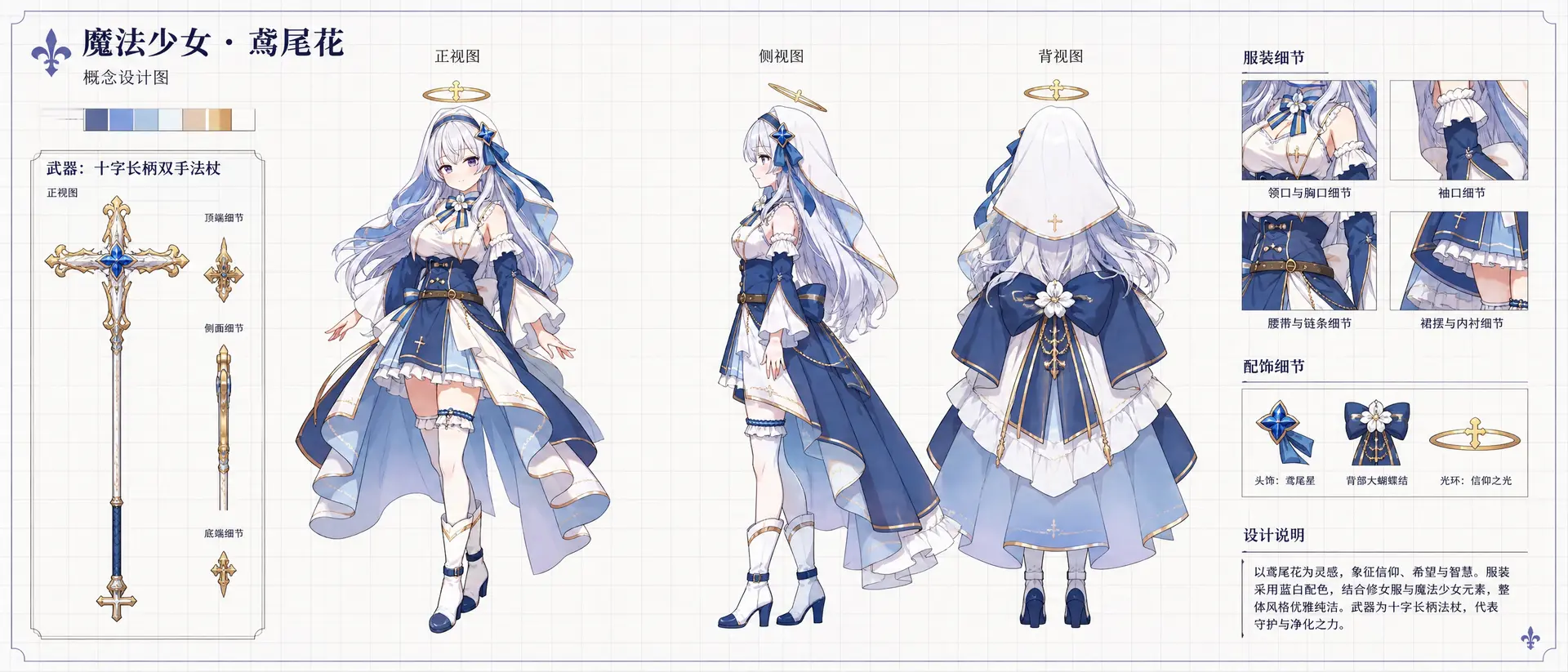 整体布局为概念设计图纸——魔法少女 · 鳶尾花，概念设计图背景是浅色网格纸。配色以图一和图二为准Three-view c