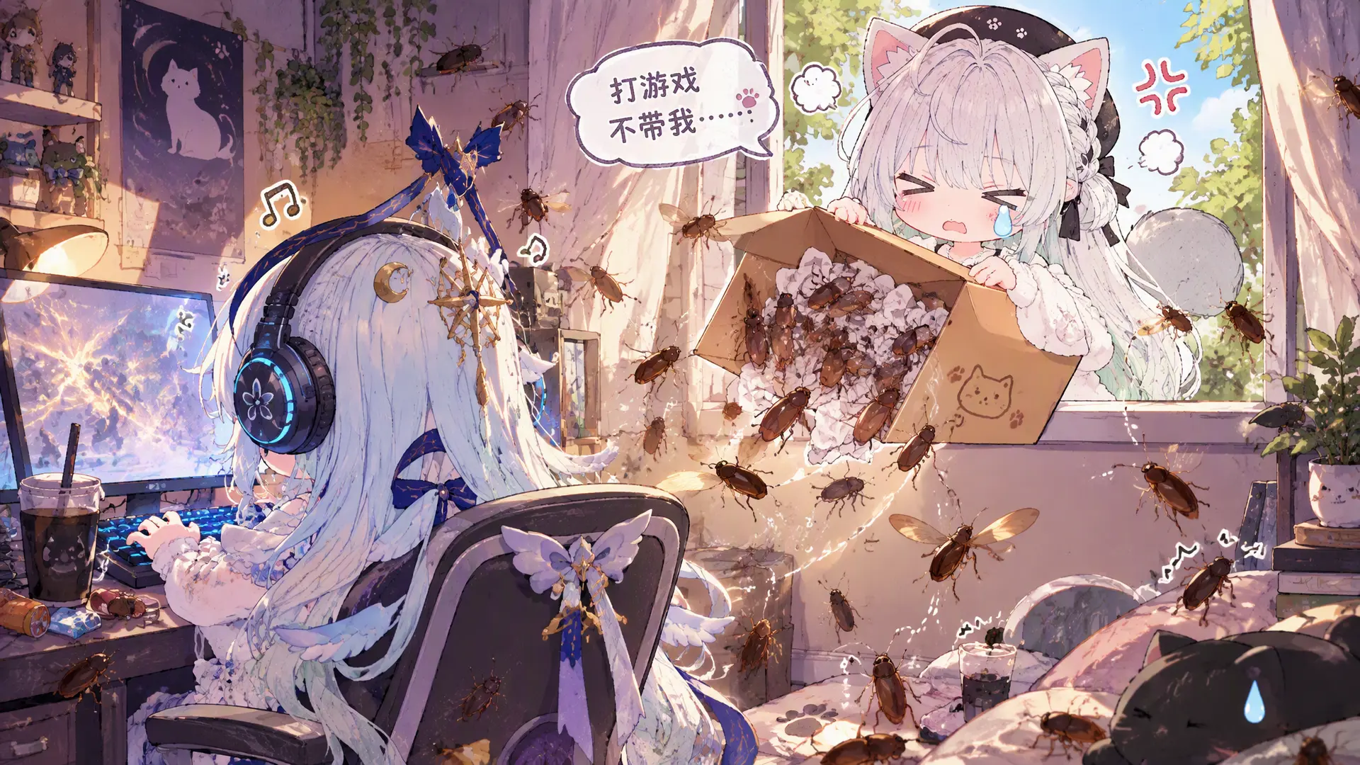 我=图一角色，一个参考图一脸部特征和尾巴
角色A=图二角色
Q版动漫喜剧场景，室内外同框构图。

角色A坐在电脑桌上，面