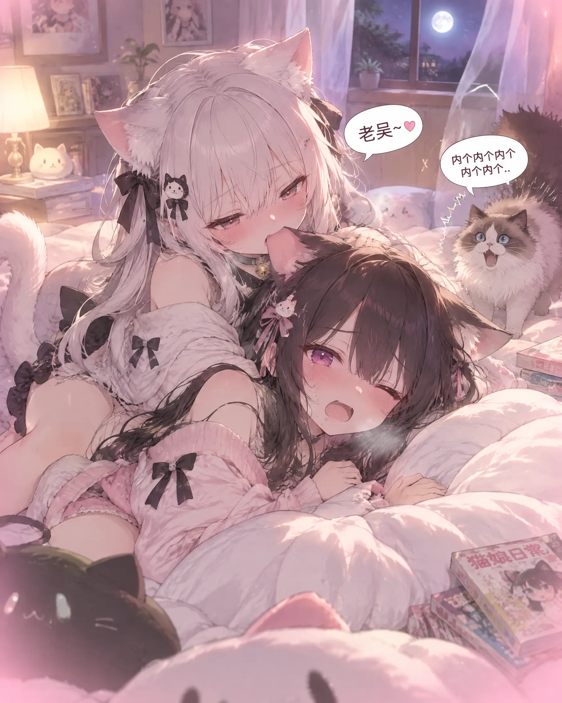 参考图片的角色与画风
a为猫娘a
b猫娘b
场景设定在明亮舒适的卧室，两只猫娘坐在柔软的大床上，床铺铺着蓬松的白色被子和