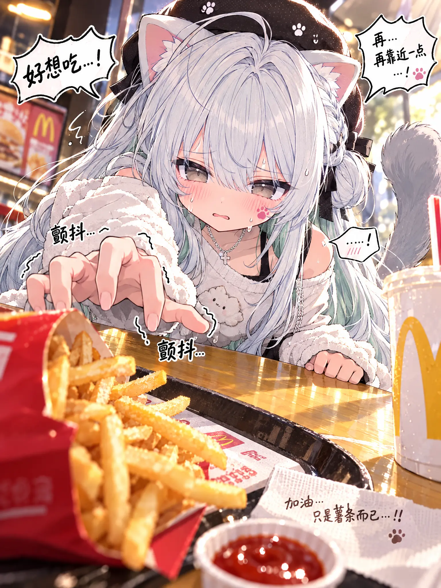 顶级2.5D混合现实插画，动态特写，图中少女（严格参考图片角色的脸部特征和尾巴）她单手颤抖地伸向托盘里的薯条，手指带有夸