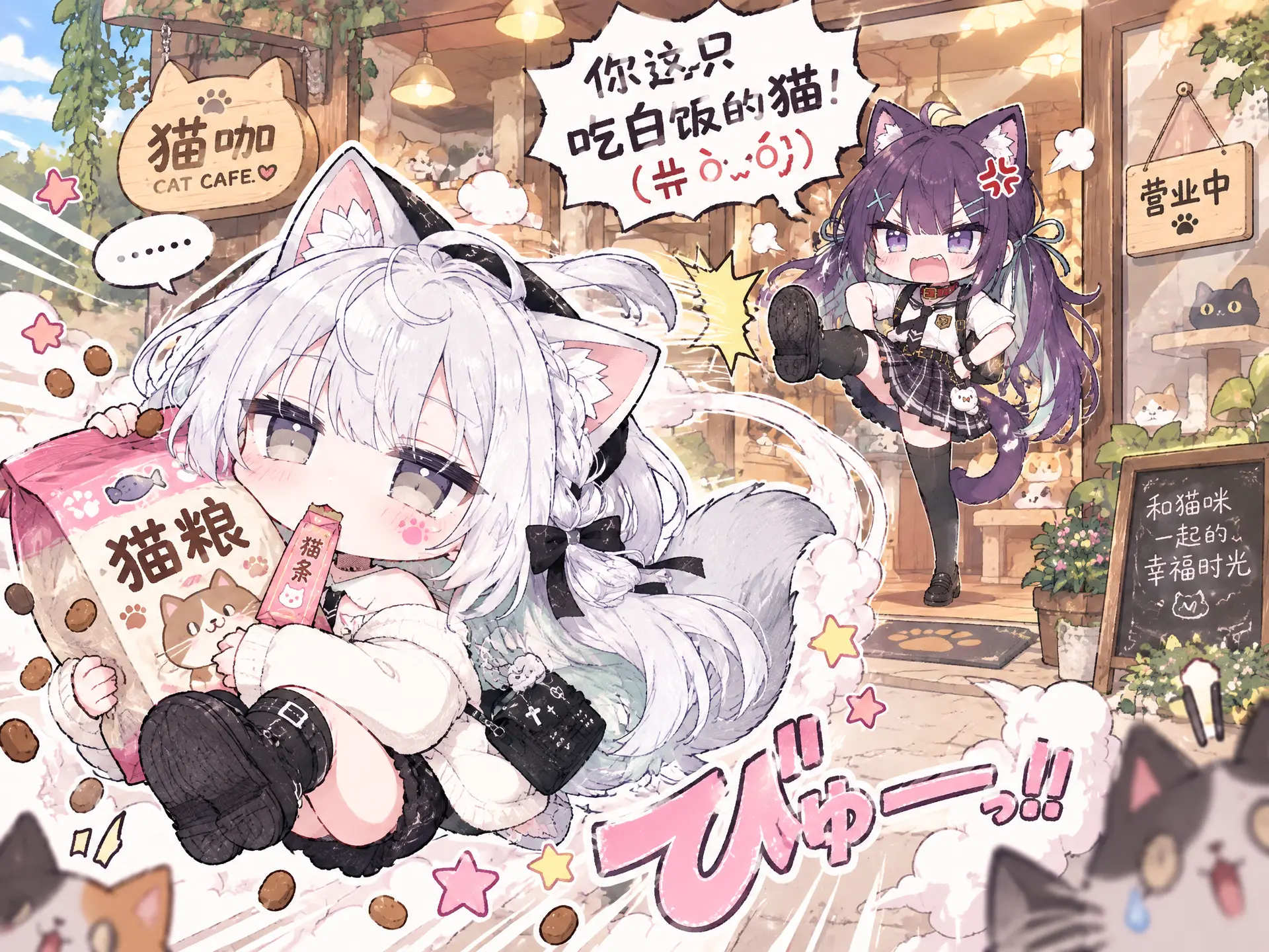 画面比例： 4:3 横版构图，Q版二次元动漫风格，萌系搞笑漫画，色彩鲜艳，线条干净，表情夸张，具有强烈的喜剧效果，前景与