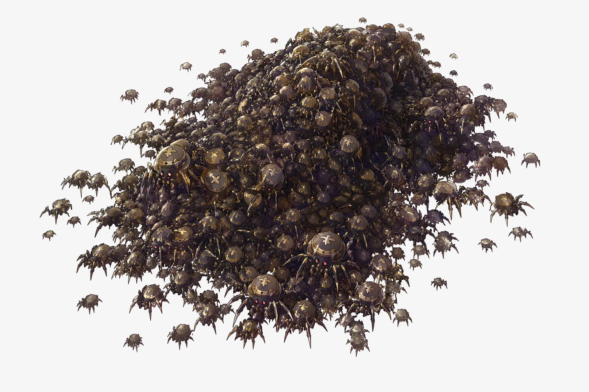 帮我用游戏《崩坏星穹铁道》画风,绘制一张怪物的插图,无背景或纯色背景。这是一个蜘蛛群,由数千只硬币大小的蜘蛛构成。