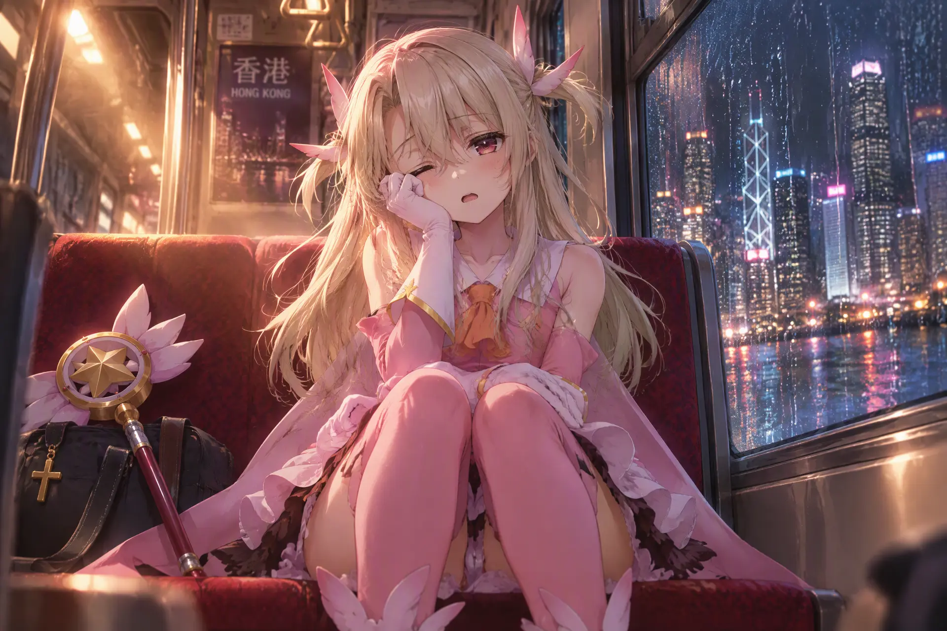 参考图中动漫少女，歪着头打瞌睡，有熬夜后的慵懒感。独自坐在夜晚列车车厢内的红色座椅上。车窗玻璃上有斑驳的雨滴，窗外是朦胧