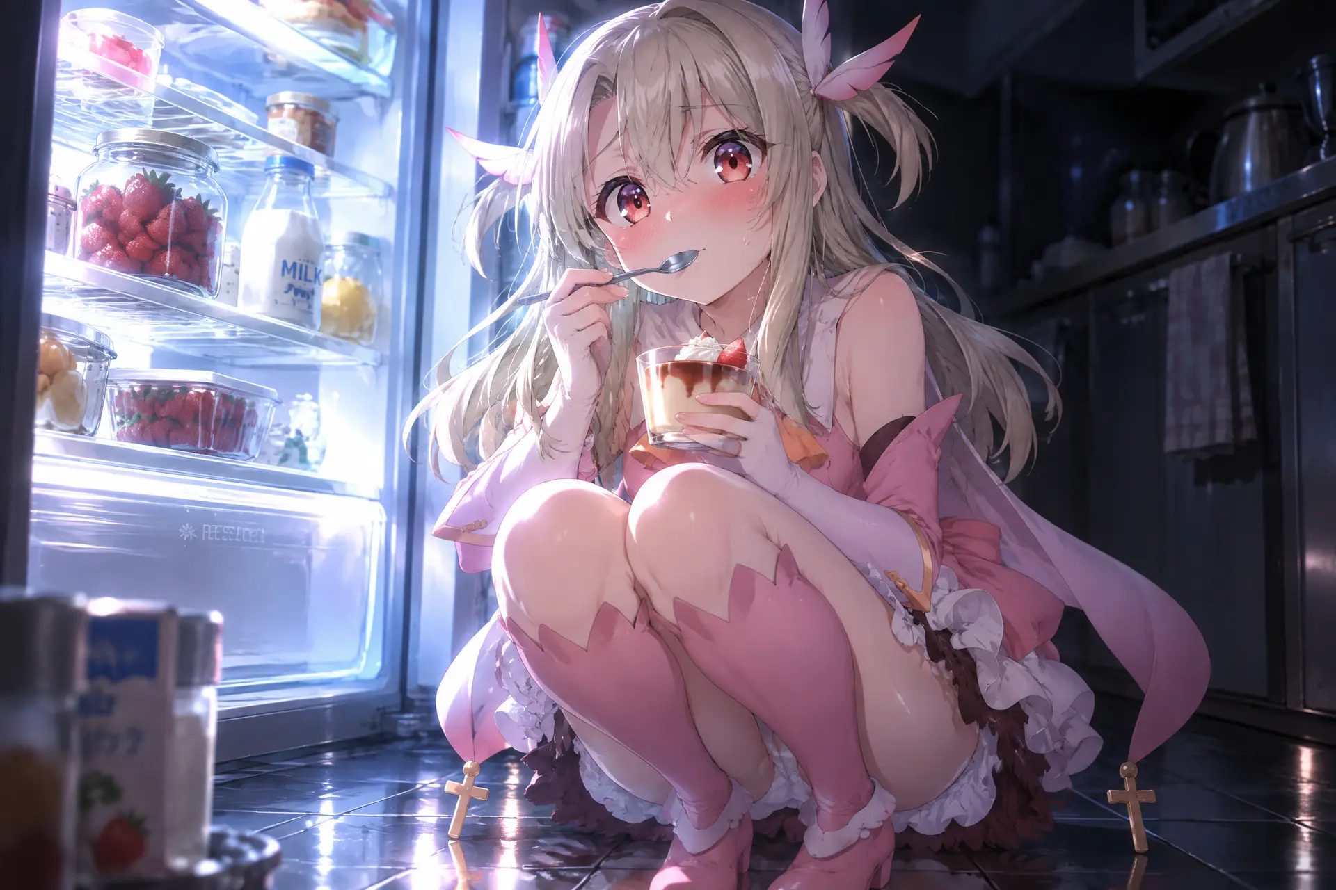 使用日式动漫番剧画风，以参考图中的动漫少女为原型，一张二次元氛围感CG，角色保留参考图中的核心外观标识。修改角色的动作使