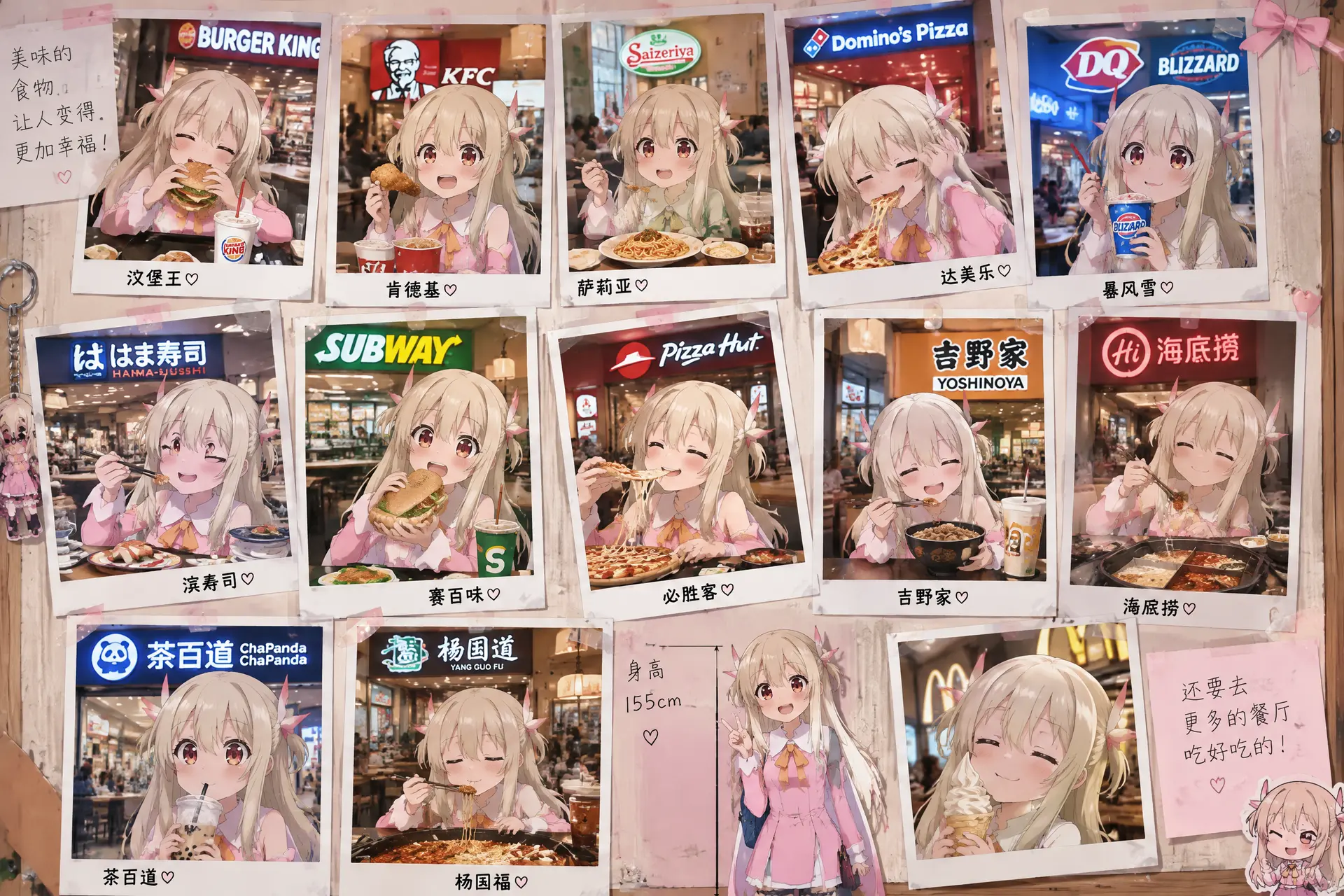 一个照片墙，上面很多日常照片，都是这吃参考图中角色在不同的餐馆里吃饭的日常照片，比如[汉堡王][肯德基][萨莉亚][达美