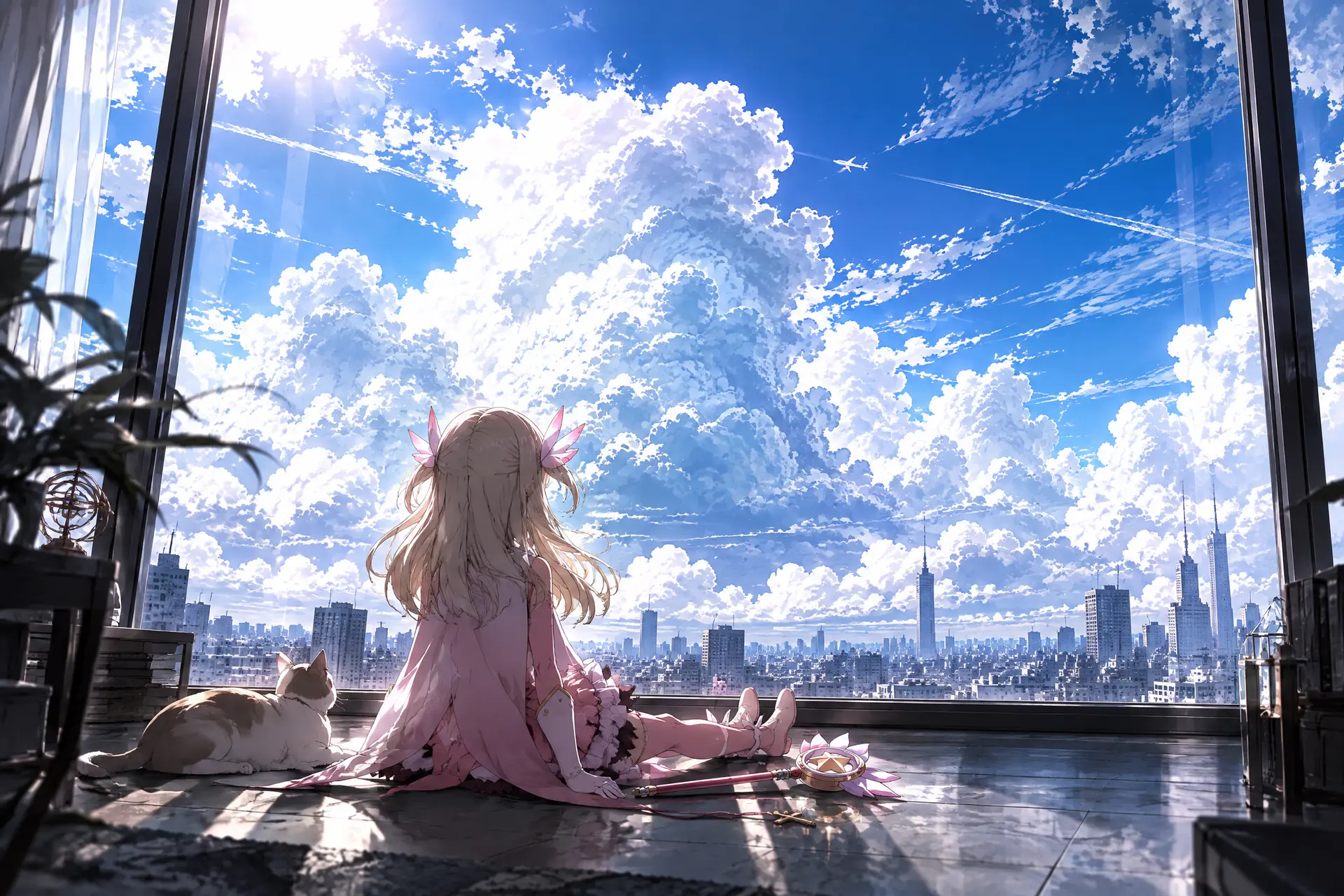 画面背景是玻璃墙外的天空，湛蓝天空与嶙峋积云占据绝大部分画面，云层高光过曝、边缘锐利，远处有一架极小飞机从云后飞过，下方