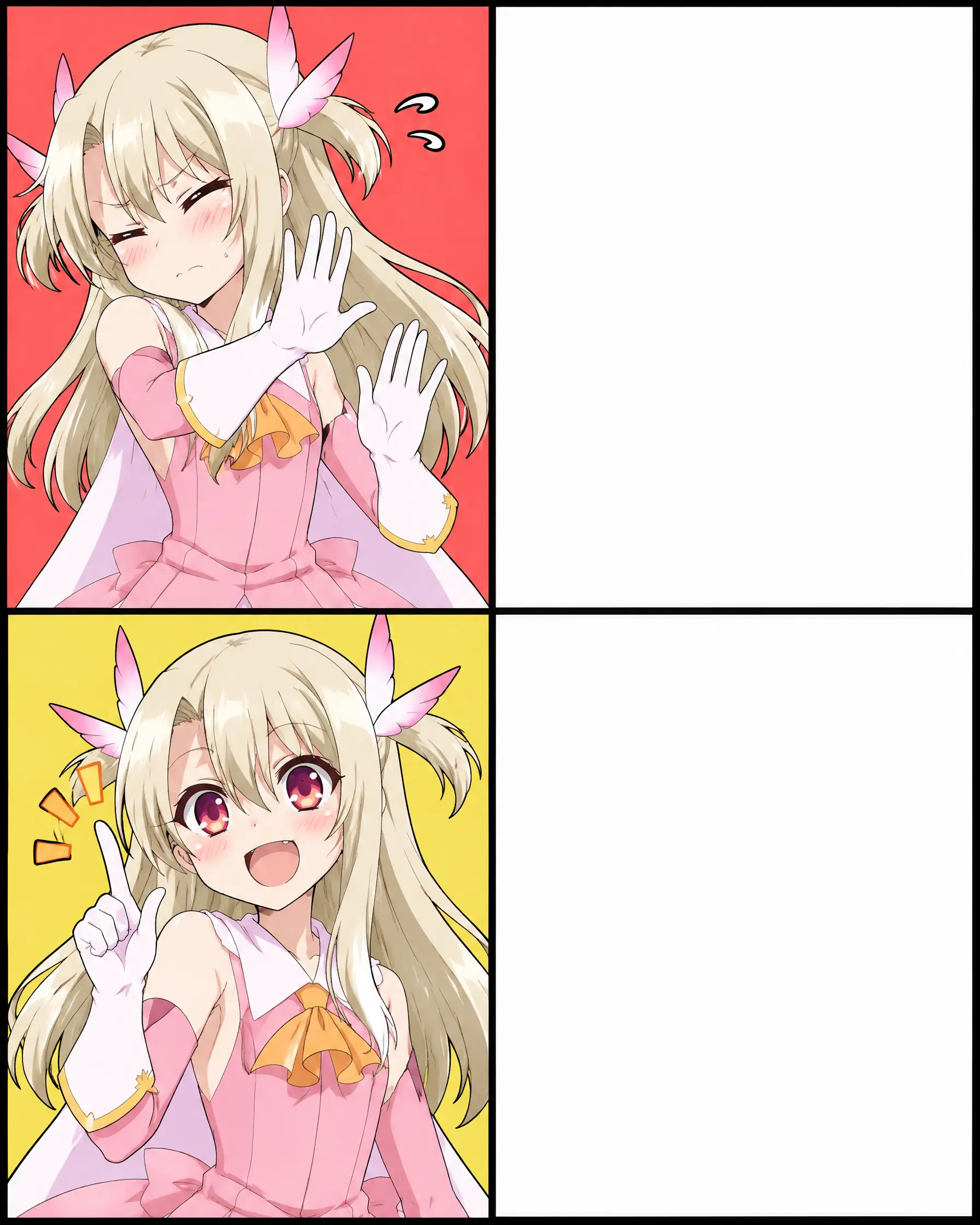 比例4:5
主体：单人角色，2×2四格漫画分镜，drakeposting (meme)，左上格角色做出no (gestu