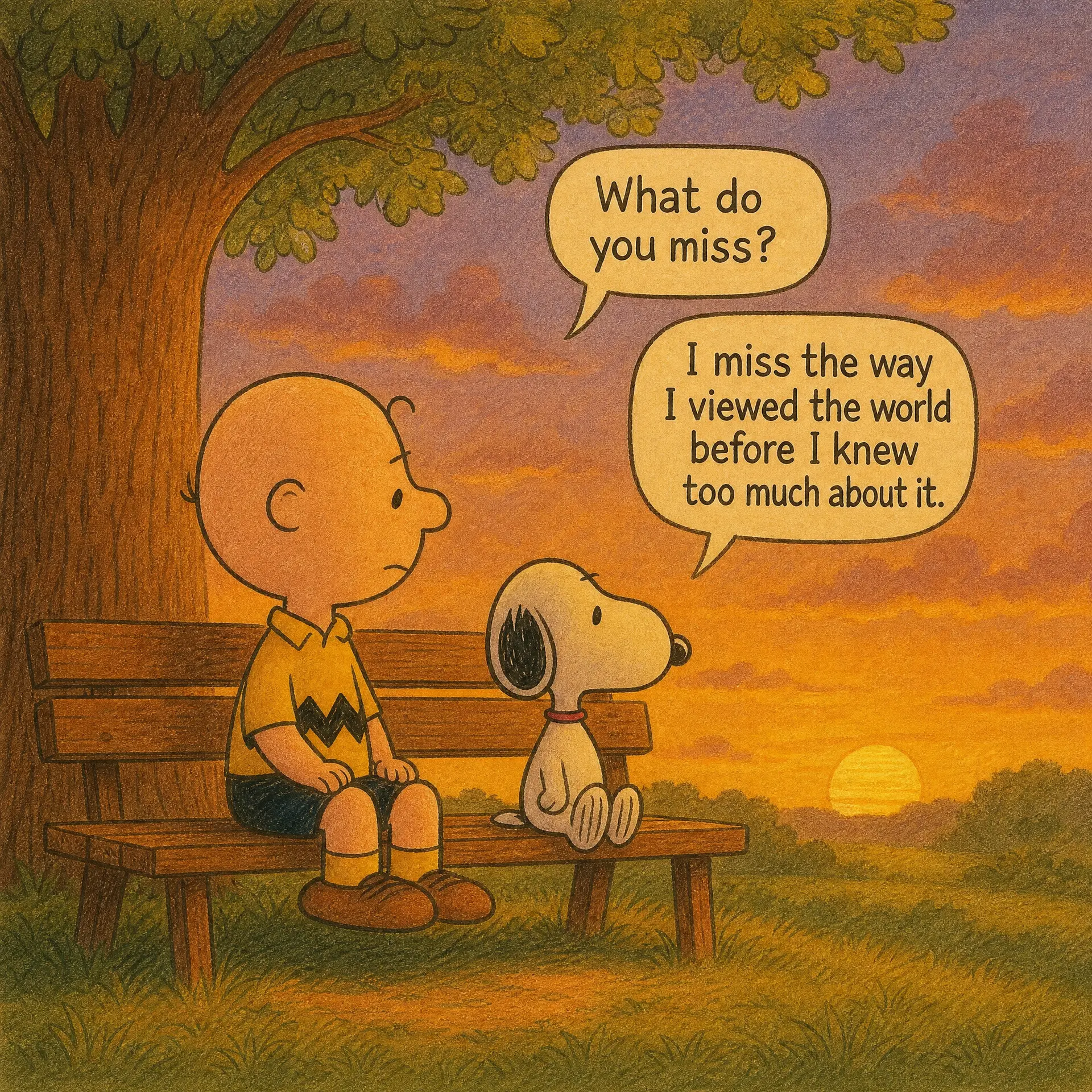 生成一幅温暖怀旧的手绘漫画分镜画面，使用例图中的 Snoopy 与 Charlie Brown 角色形象与黄昏长椅场景。