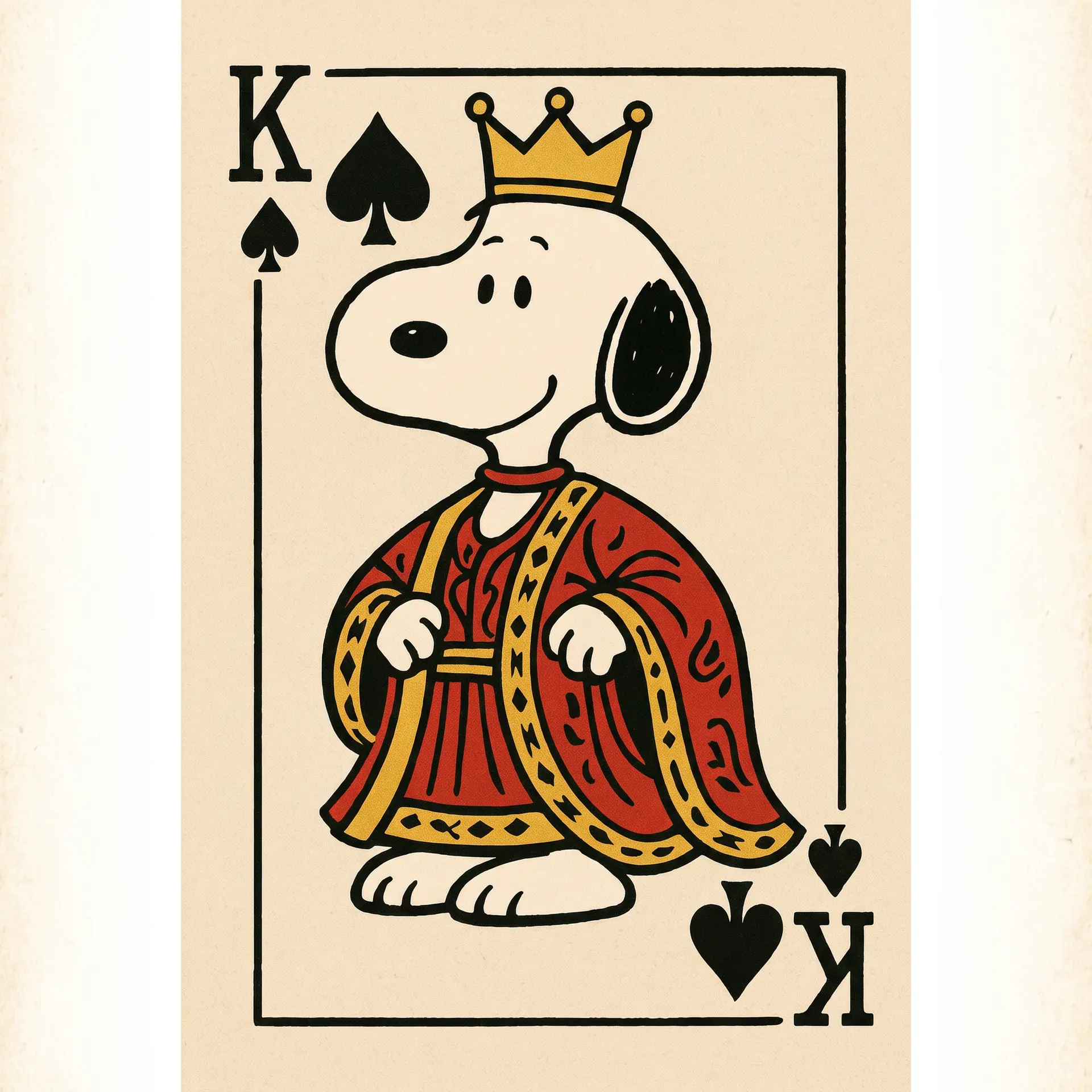 生成一张复古扑克牌插画，使用例图中的角色。
画面主体是史努比（Snoopy）扮演黑桃K，身着国王长袍头戴王冠，以扑克牌人