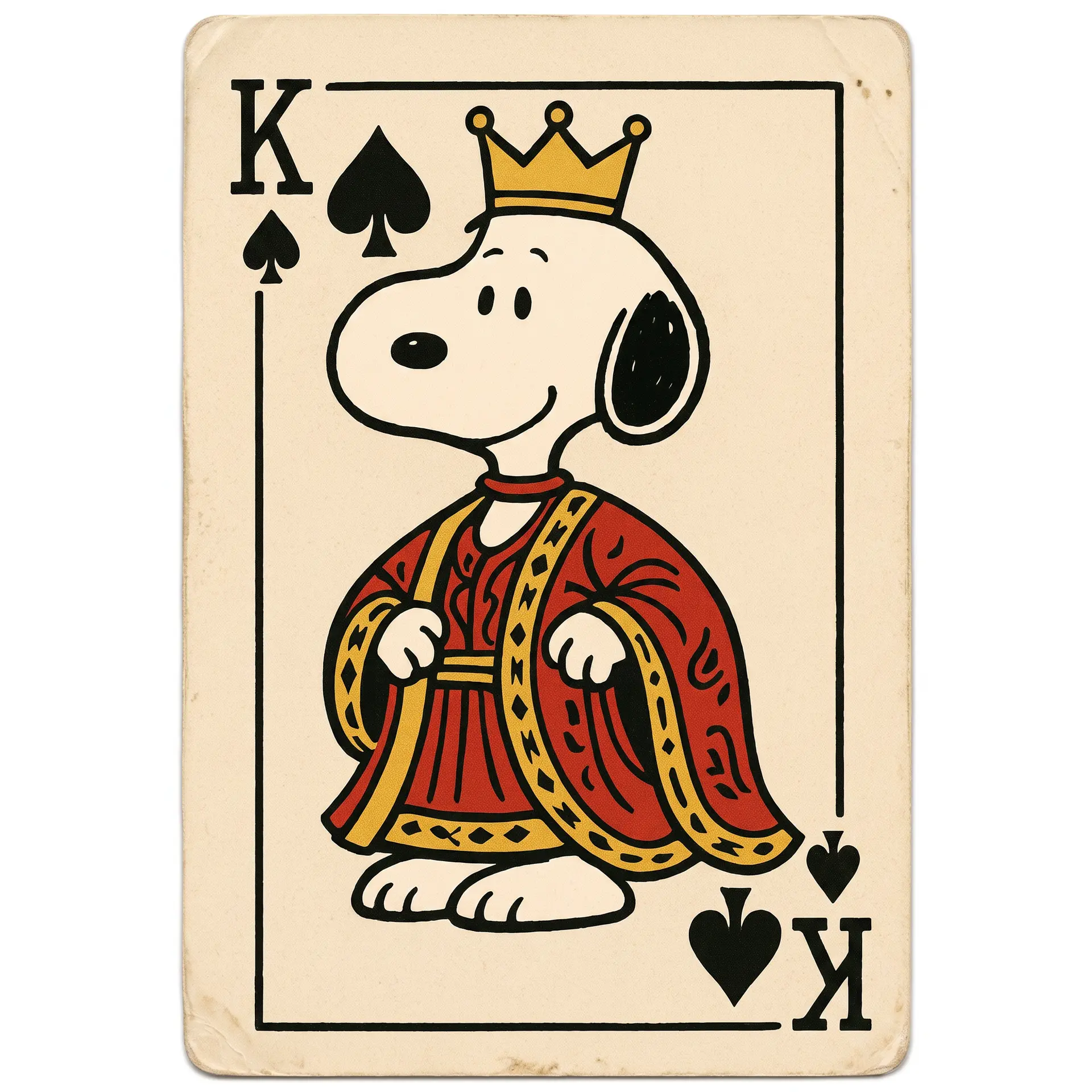 生成一张复古扑克牌插画，使用例图中的角色。
画面主体是史努比（Snoopy）扮演黑桃K，身着国王长袍头戴王冠，以扑克牌人