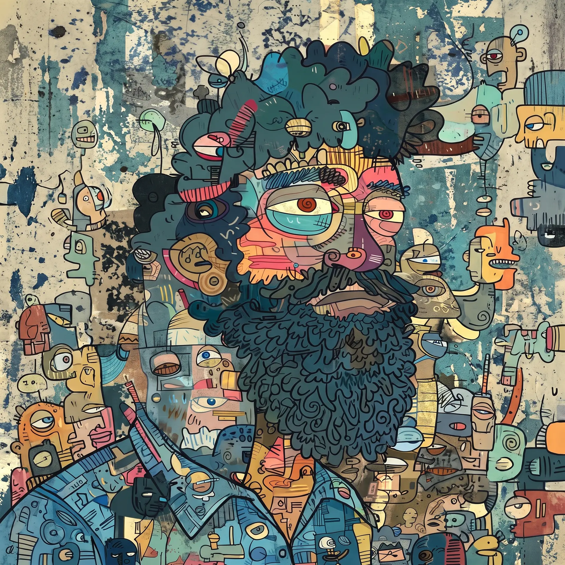 生成一幅极致密集的涂鸦艺术（doodle art）风格肖像插画，使用例图中的画风与构成方式。
画面主体是一个大胡子男性头