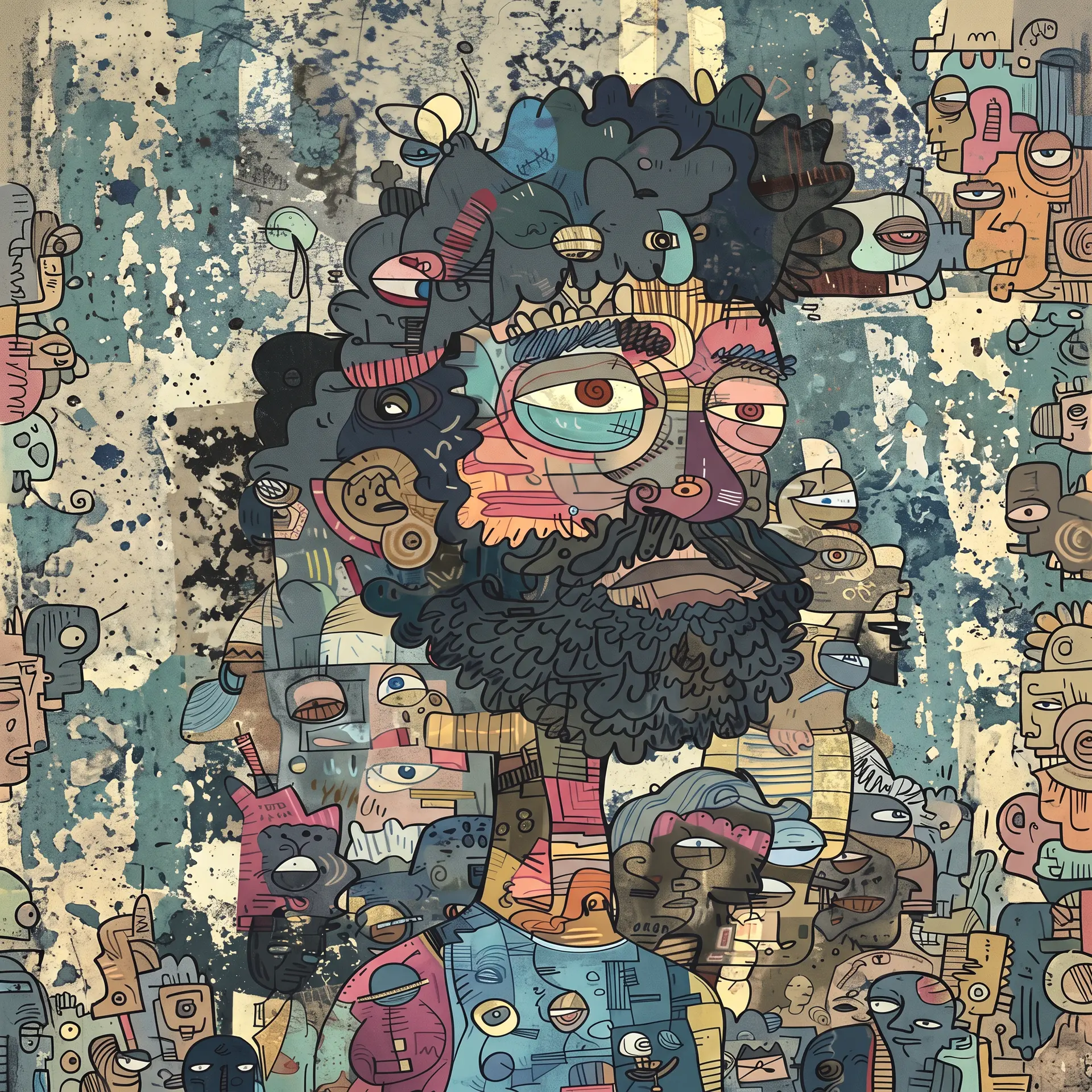 生成一幅极致密集的涂鸦艺术（doodle art）风格肖像插画，使用例图中的画风与构成方式。
画面主体是一个大胡子男性头
