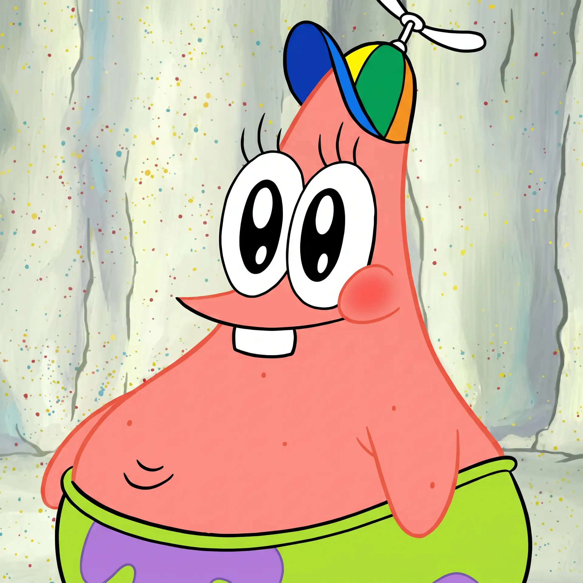 生成一幅经典美式电视动画风格的角色半身像，主体是派大星（Patrick Star）头戴彩色竹蜻蜓螺旋桨帽，露出憨厚的笑容