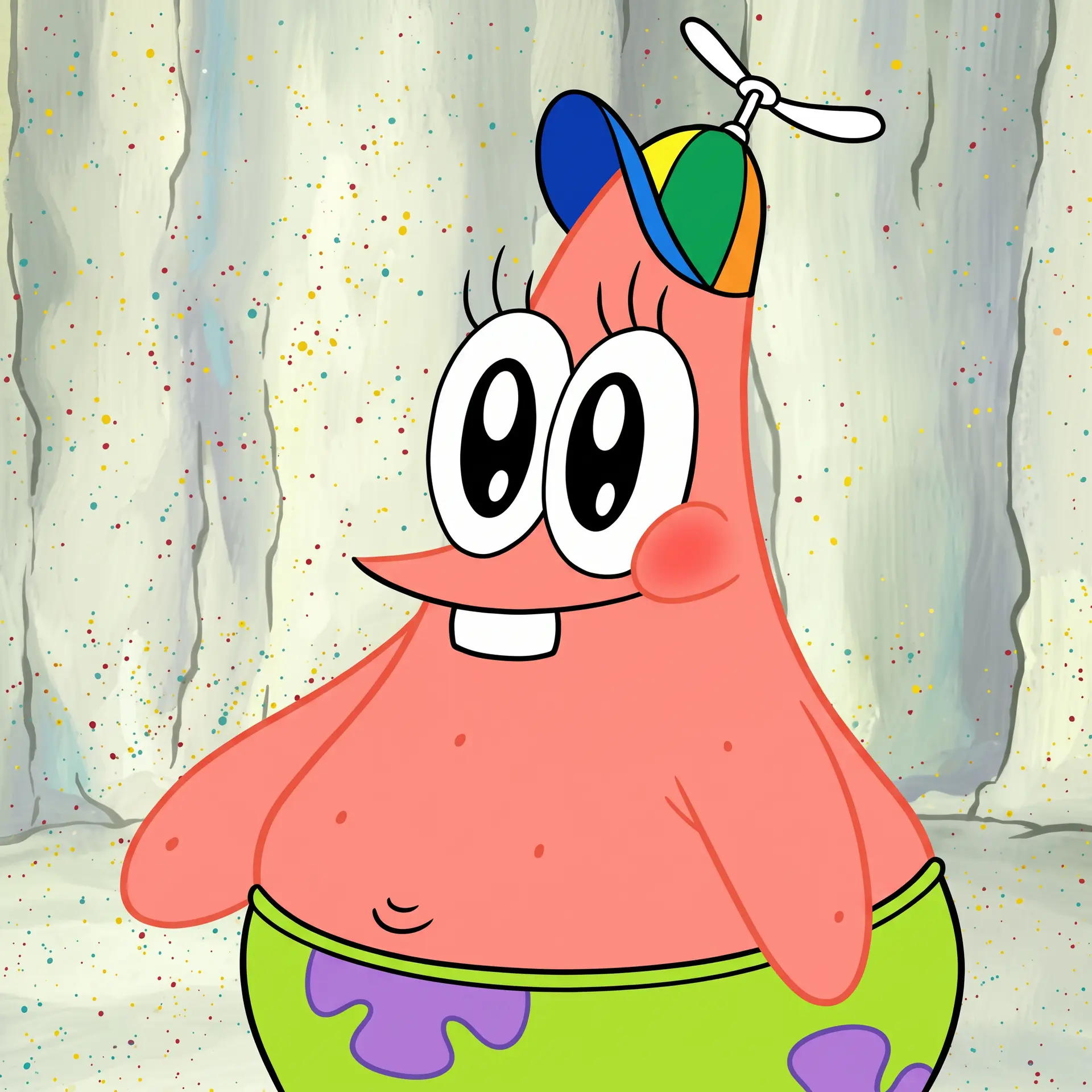 生成一幅经典美式电视动画风格的角色半身像，主体是派大星（Patrick Star）头戴彩色竹蜻蜓螺旋桨帽，露出憨厚的笑容