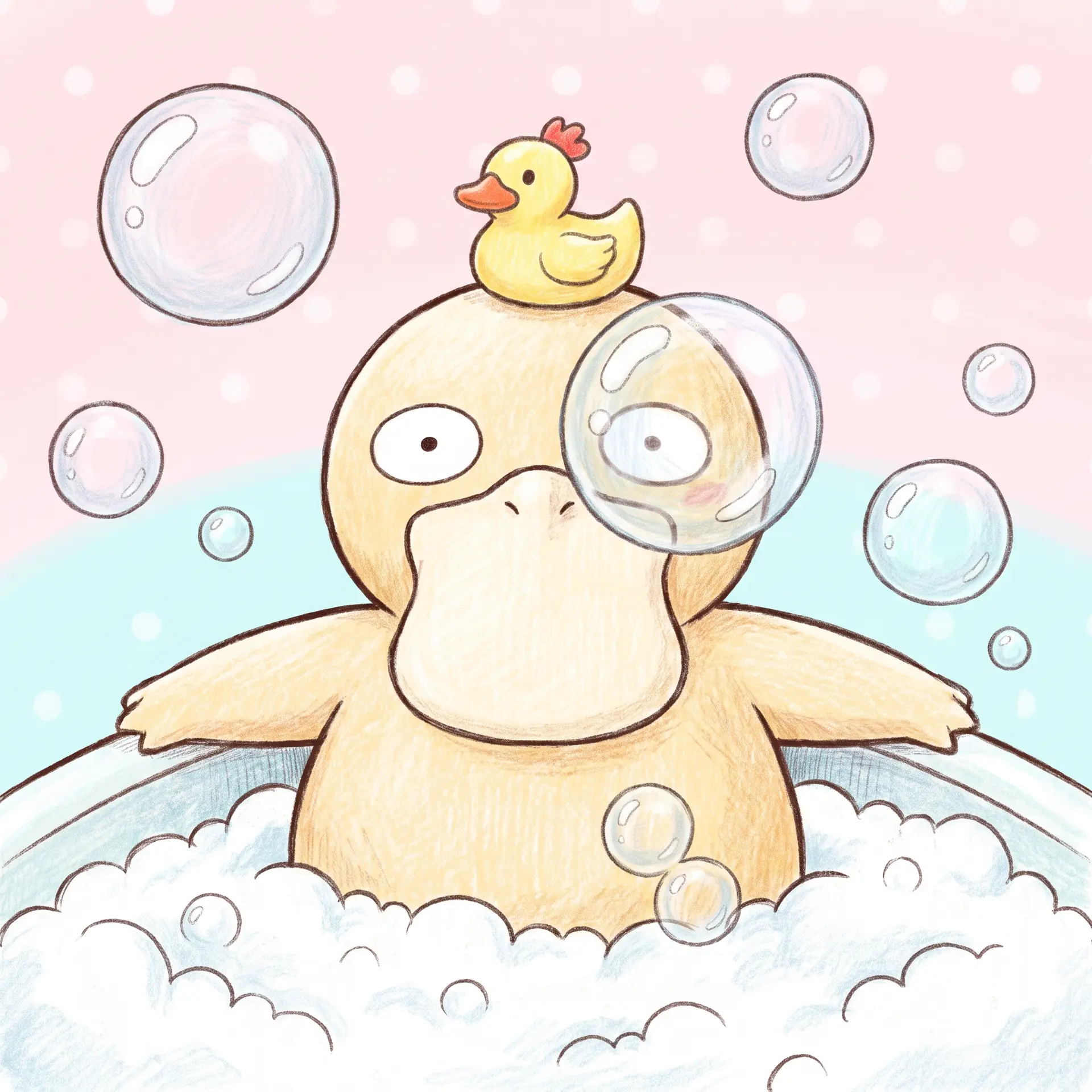 生成一幅柔和的手绘彩铅插画，主体是可达鸭（Psyduck）坐在浴缸的泡沫中洗澡，头顶顶着一只黄色小鸭子玩具，周围漂浮着透