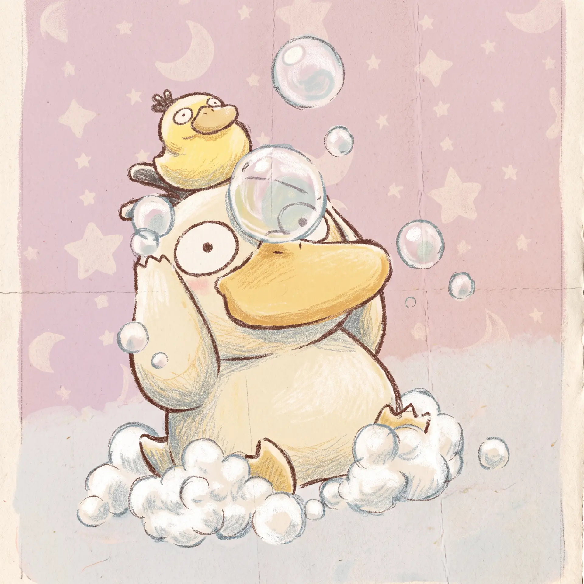 生成一幅柔和的手绘彩铅插画，主体是可达鸭（Psyduck）坐在浴缸的泡沫中洗澡，头顶顶着一只黄色小鸭子玩具，周围漂浮着透