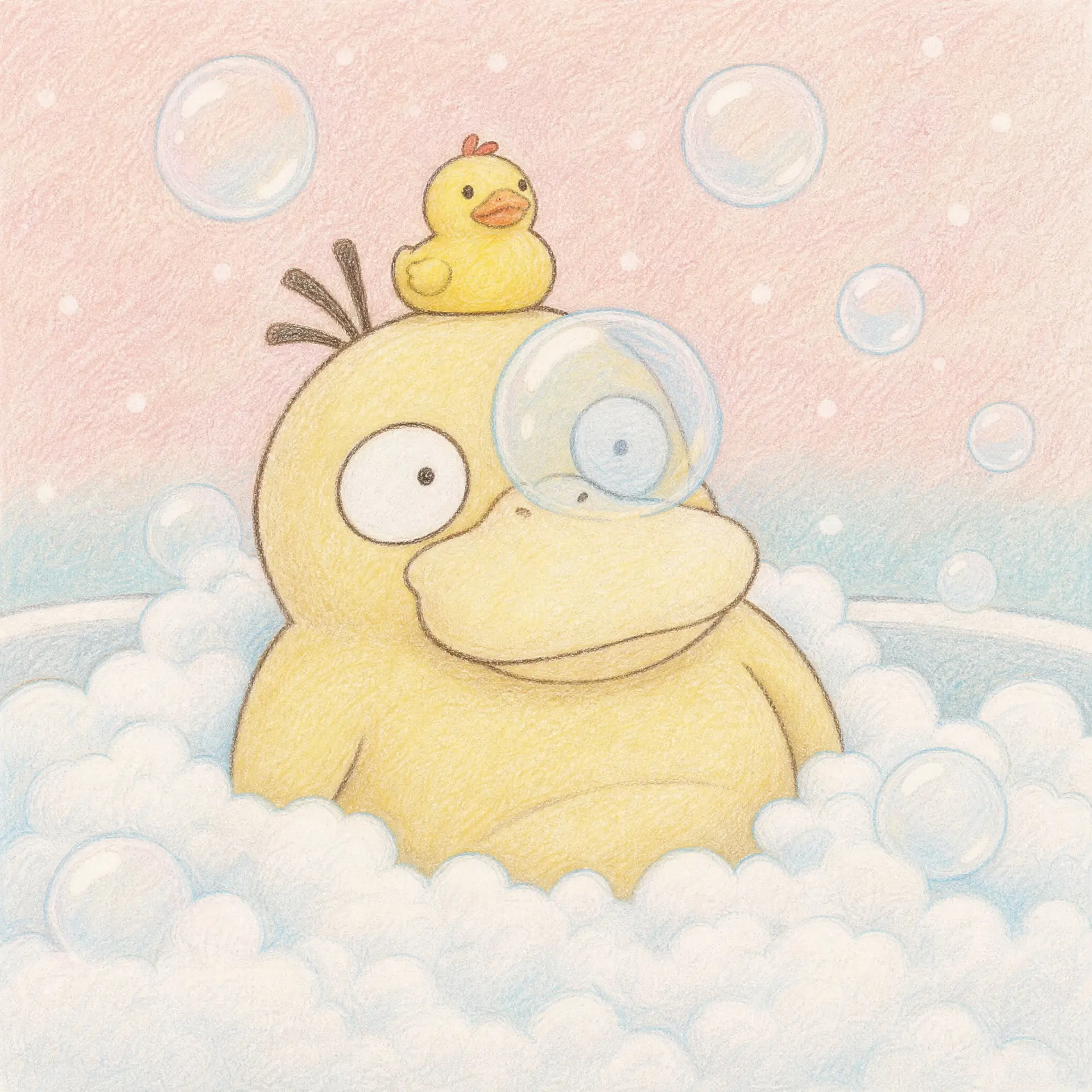 生成一幅柔和的手绘彩铅插画，主体是可达鸭（Psyduck）坐在浴缸的泡沫中洗澡，头顶顶着一只黄色小鸭子玩具，周围漂浮着透