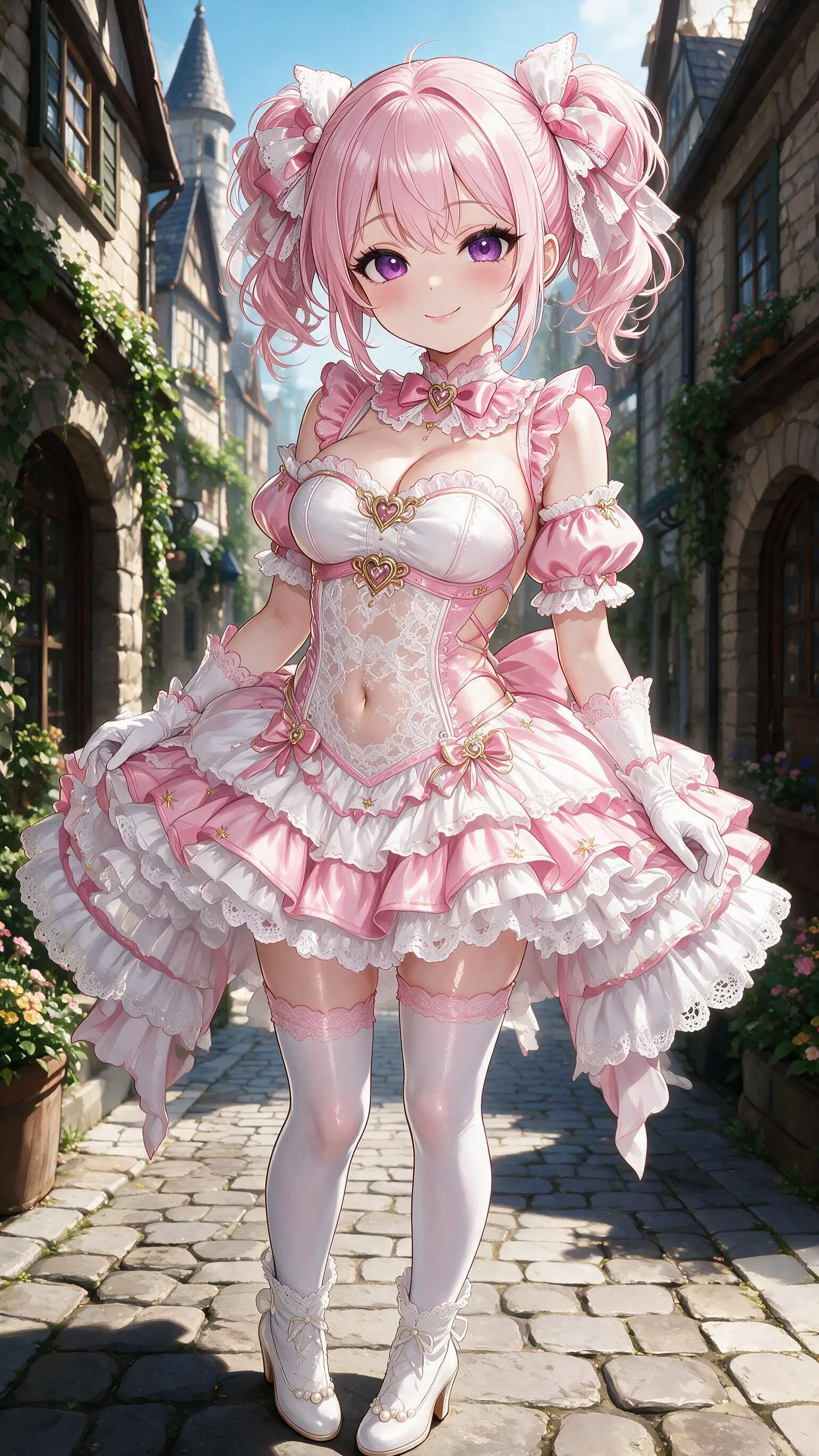 帮我画一个女性，身高160cm，罩杯Ecup，身穿粉白色交错的华丽魔法少女连体战斗服，腹部为白色紧身蕾丝（小腹若隐若现）