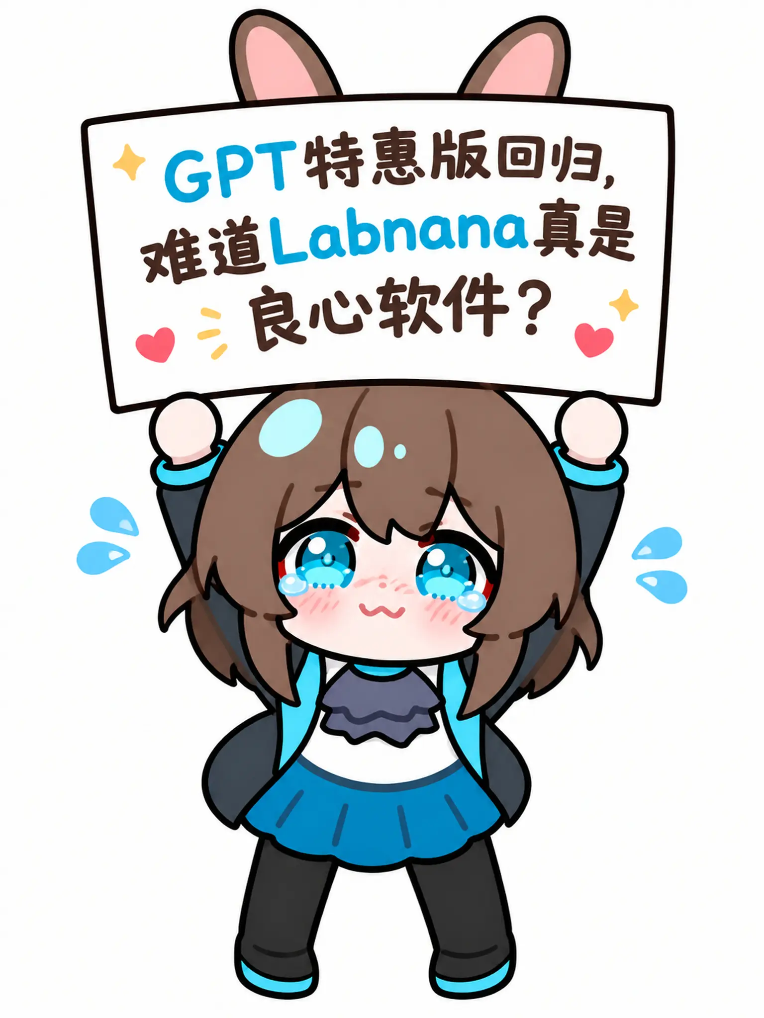 考图中角色生成一张插画图片，空白或极简背景。
平视视角，画面聚焦于牌子，
图一的角色双手举着一块牌子，表情是委屈带着泪花