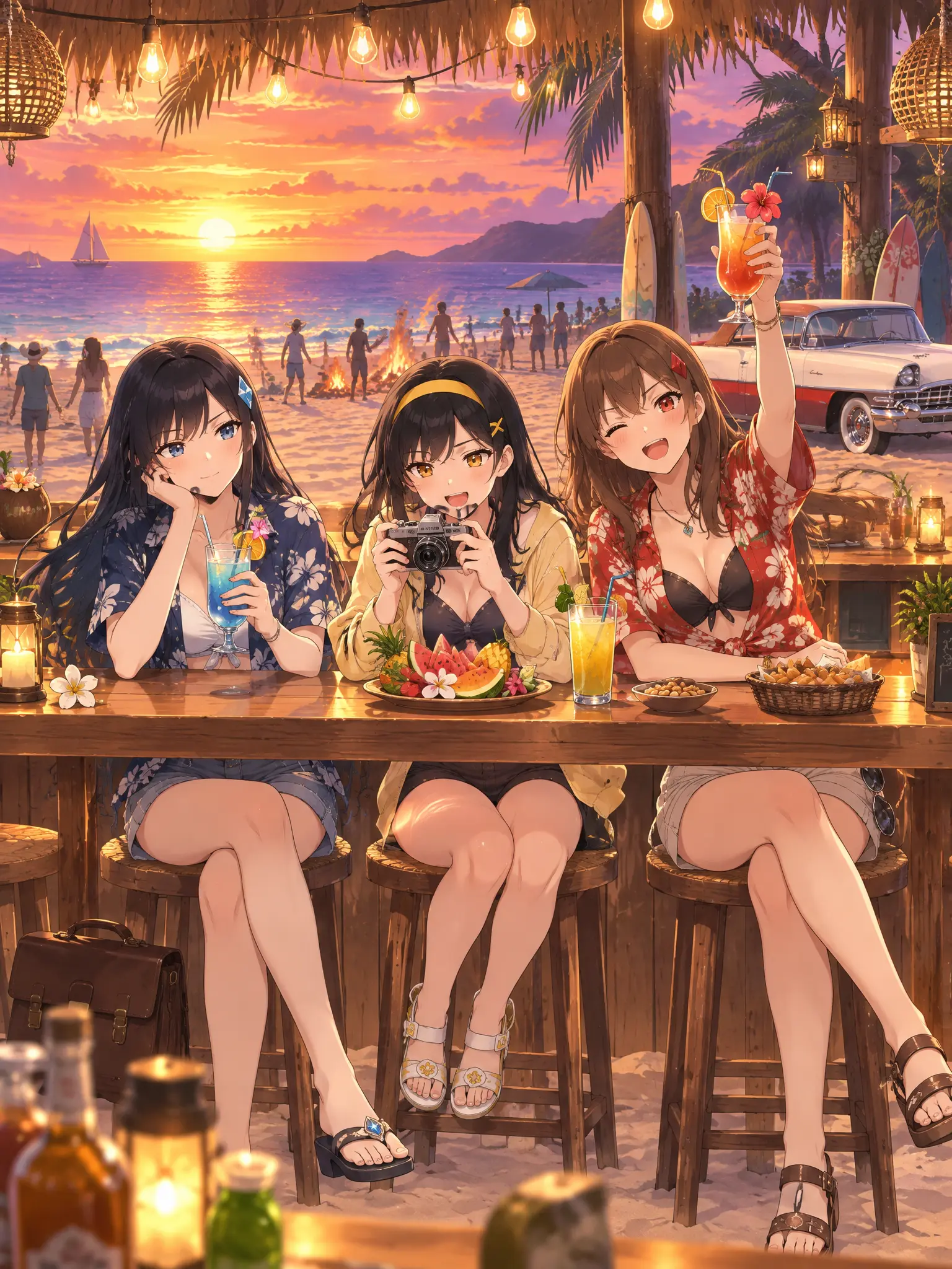 生成一幅充满生活气息、夏日活力与幽默卡通感的精美插画，展示三位角色在海边沙滩酒吧享受夕阳时光的欢乐场景。

一、主体构图