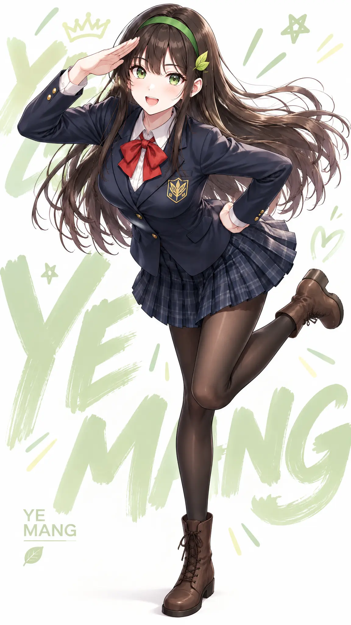 生成一幅充满青春活力与俏皮元气的精美插画，使用例图中的角色。

一.主体构图
画面主体是图一角色单抬腿单手敬礼，展现青春