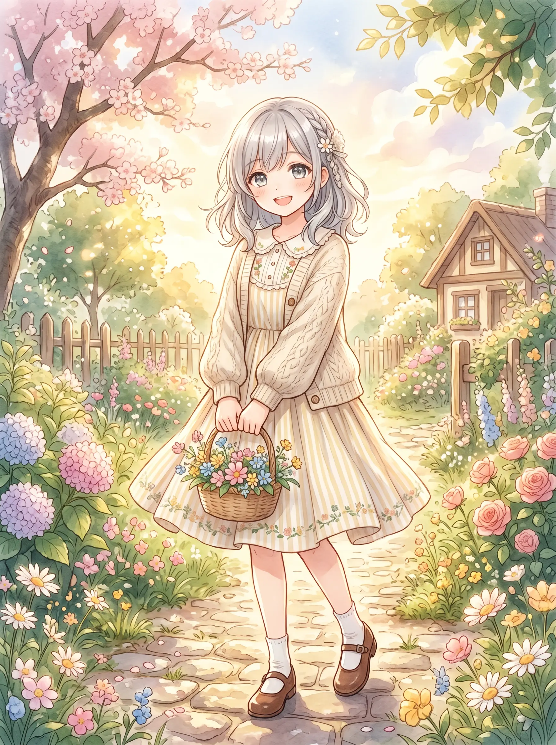 日式二次元、柔和、唯美插画画风，一位身材娇小，银色齐肩长发的少女（约一米六身高），瞳色银色，以其为中心创作一套阳光温暖的